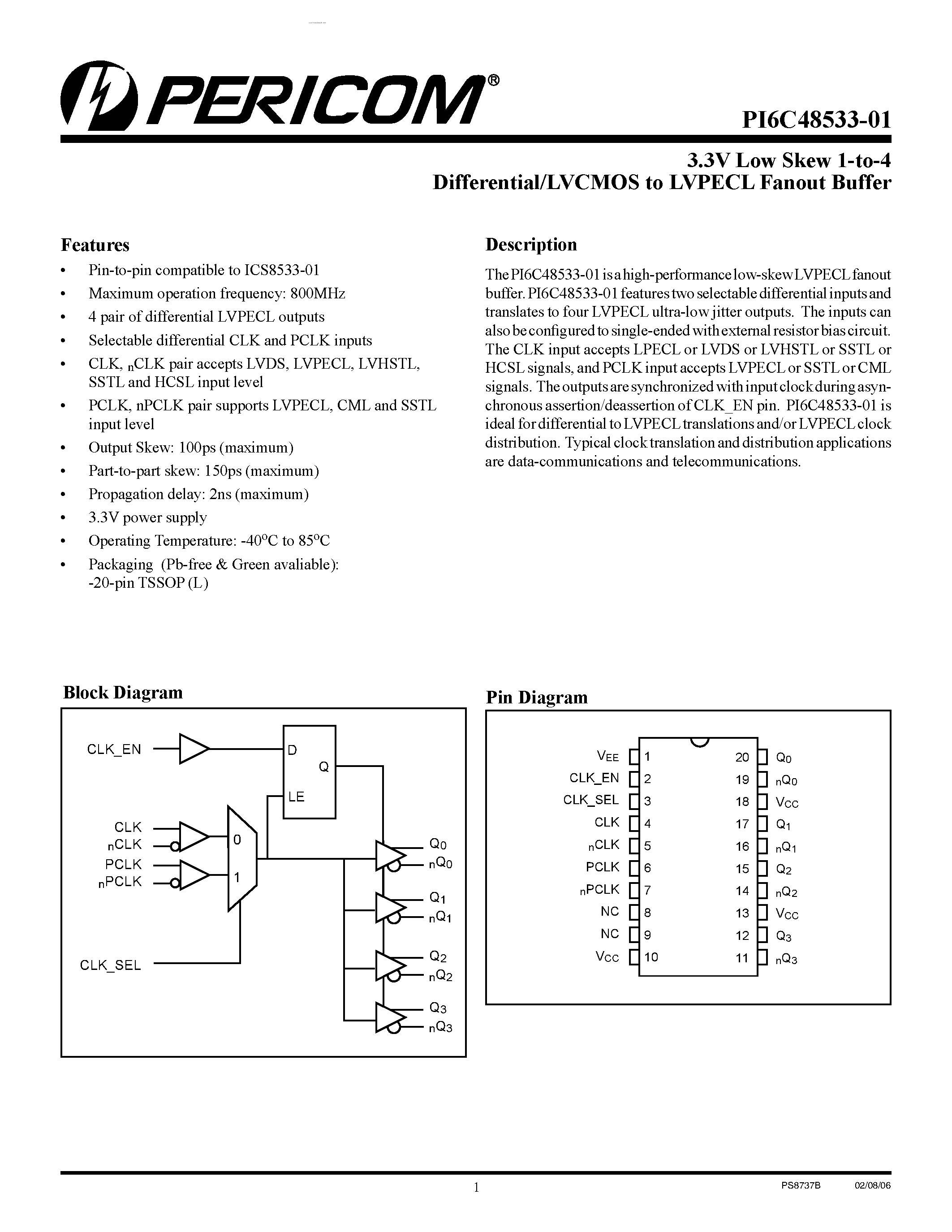 Даташит PI6C48533-01 - Differential/LVCMOS to LVPECL Fanout Buffer страница 1