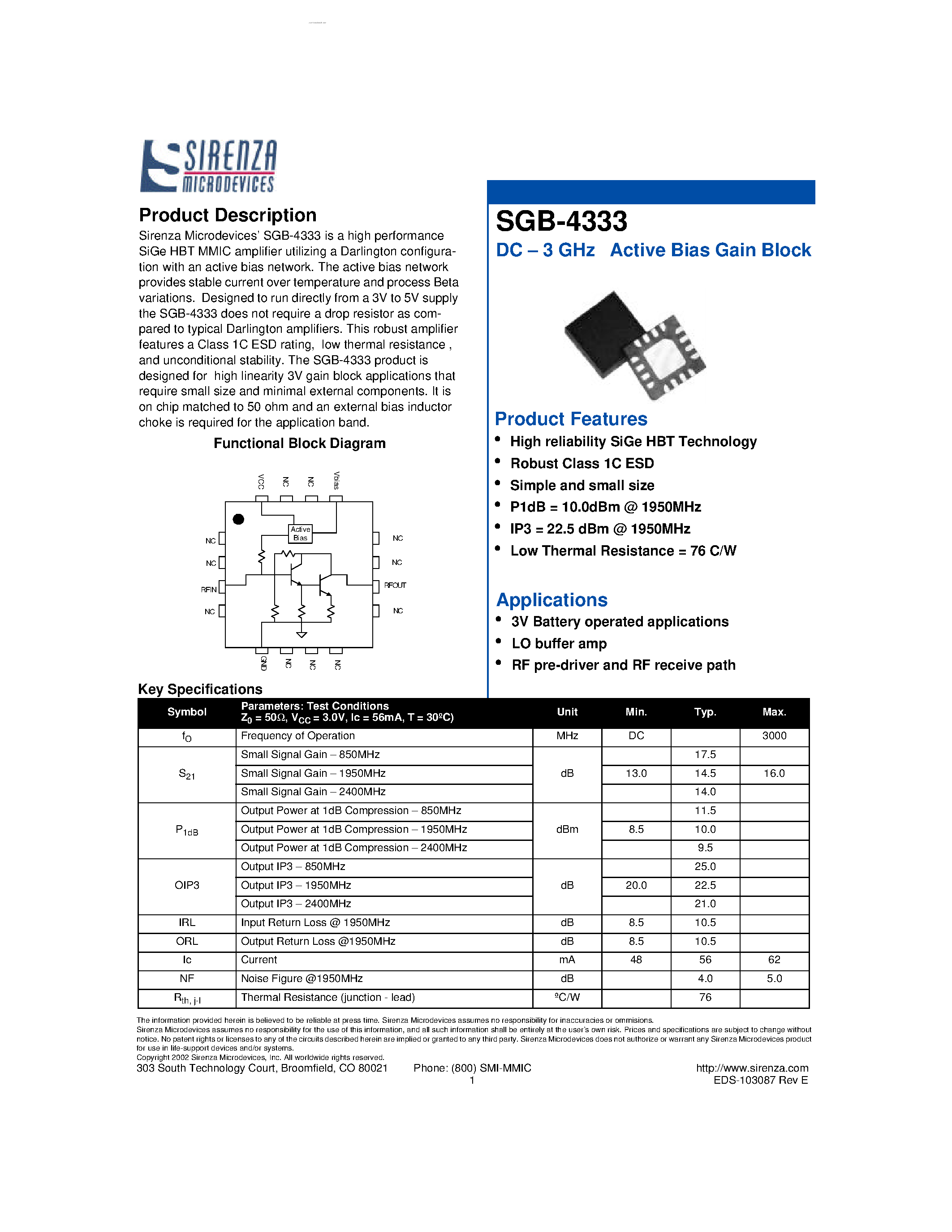 Даташит SGB-4333 - Active Bias Gain Block страница 1