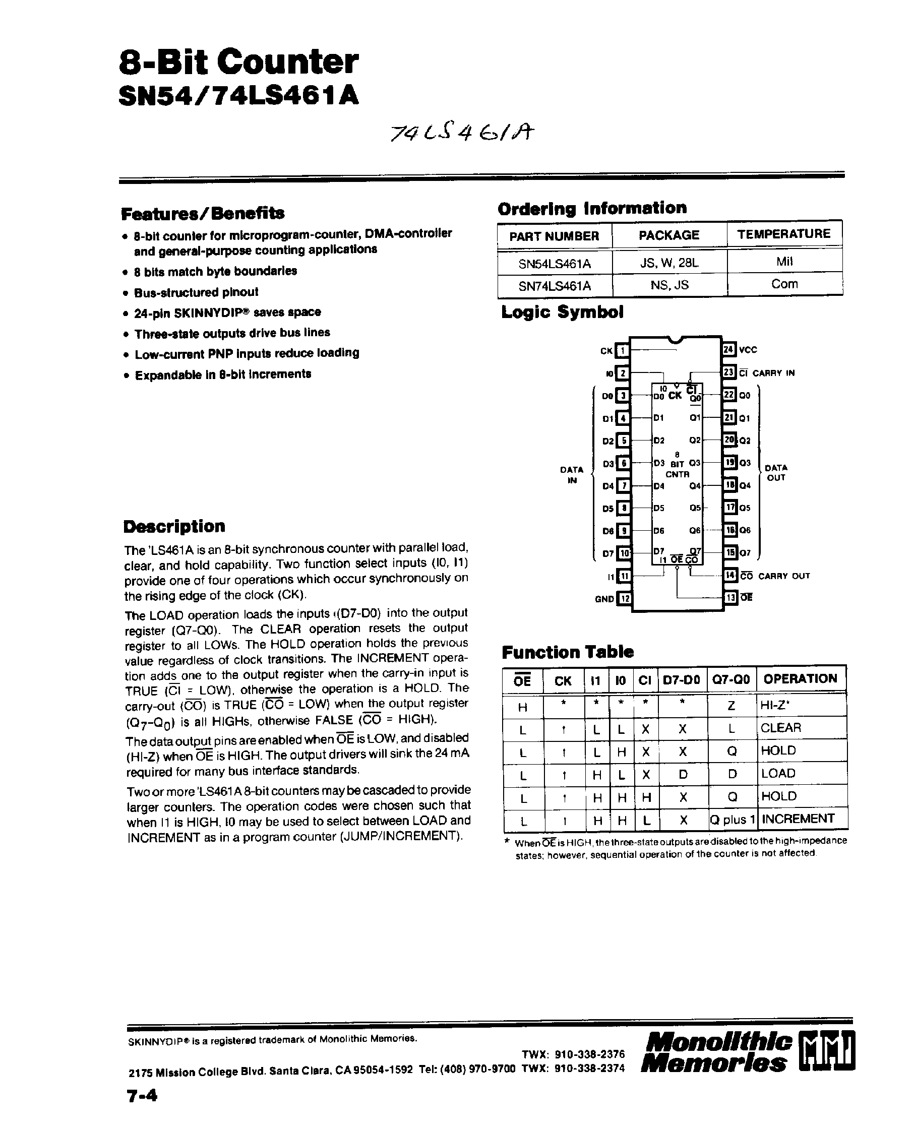 Даташит SN74LS461A - 8-Bit Counter страница 1