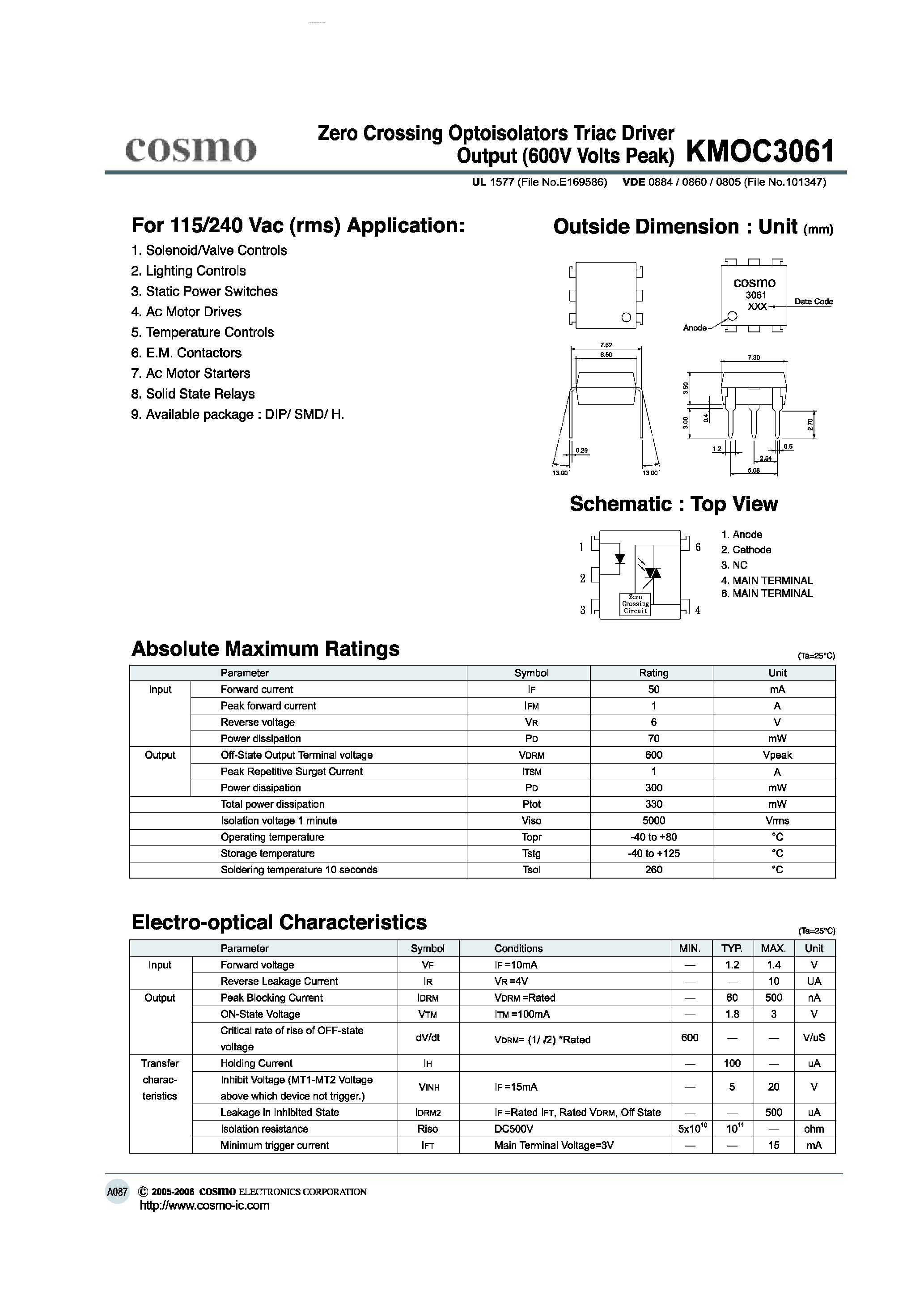 Даташит KMOC3061 - ZERO CROSSING OPTOISOLATORS TRIAC DRIVER OUTPUT страница 1