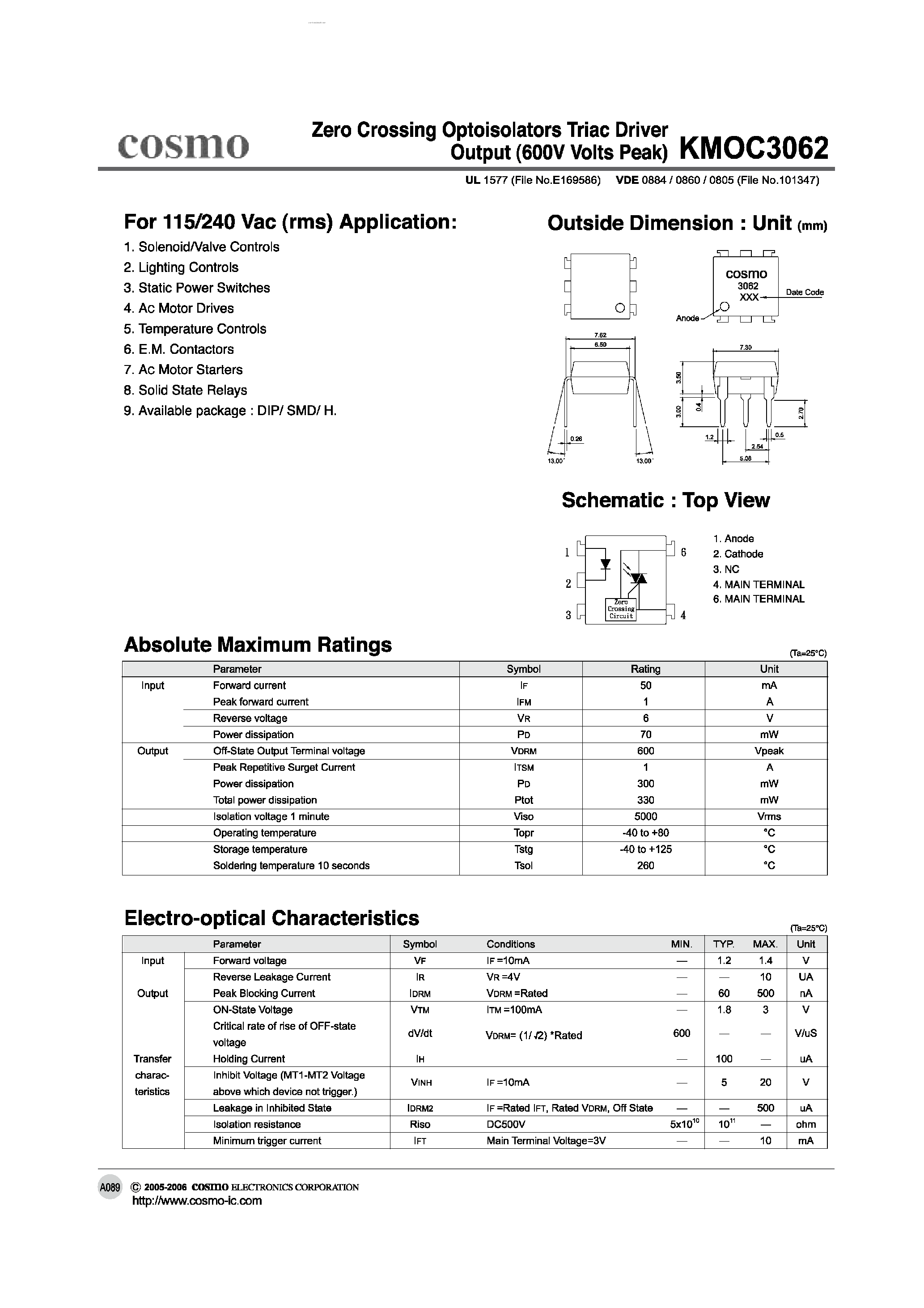 Даташит KMOC3062 - ZERO CROSSING OPTOISOLATORS TRIAC DRIVER OUTPUTl страница 1