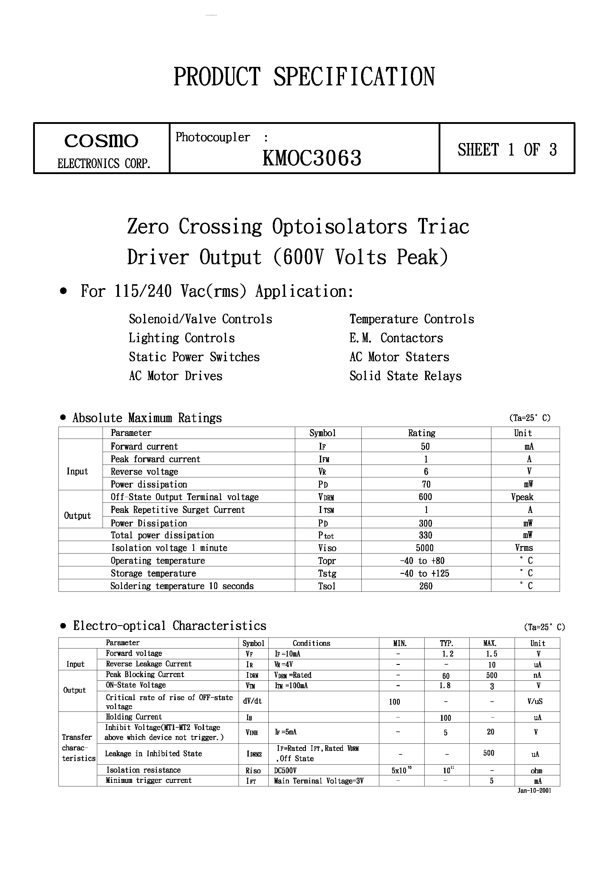 Даташит KMOC3063 - ZERO CROSSING OPTOISOLATORS TRIAC DRIVER OUTPUT страница 1