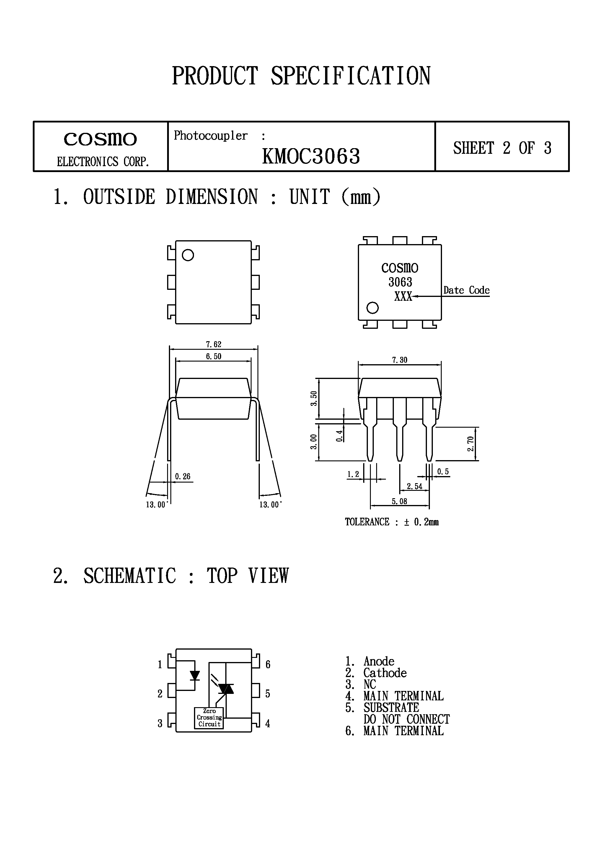 Даташит KMOC3063 - ZERO CROSSING OPTOISOLATORS TRIAC DRIVER OUTPUT страница 2