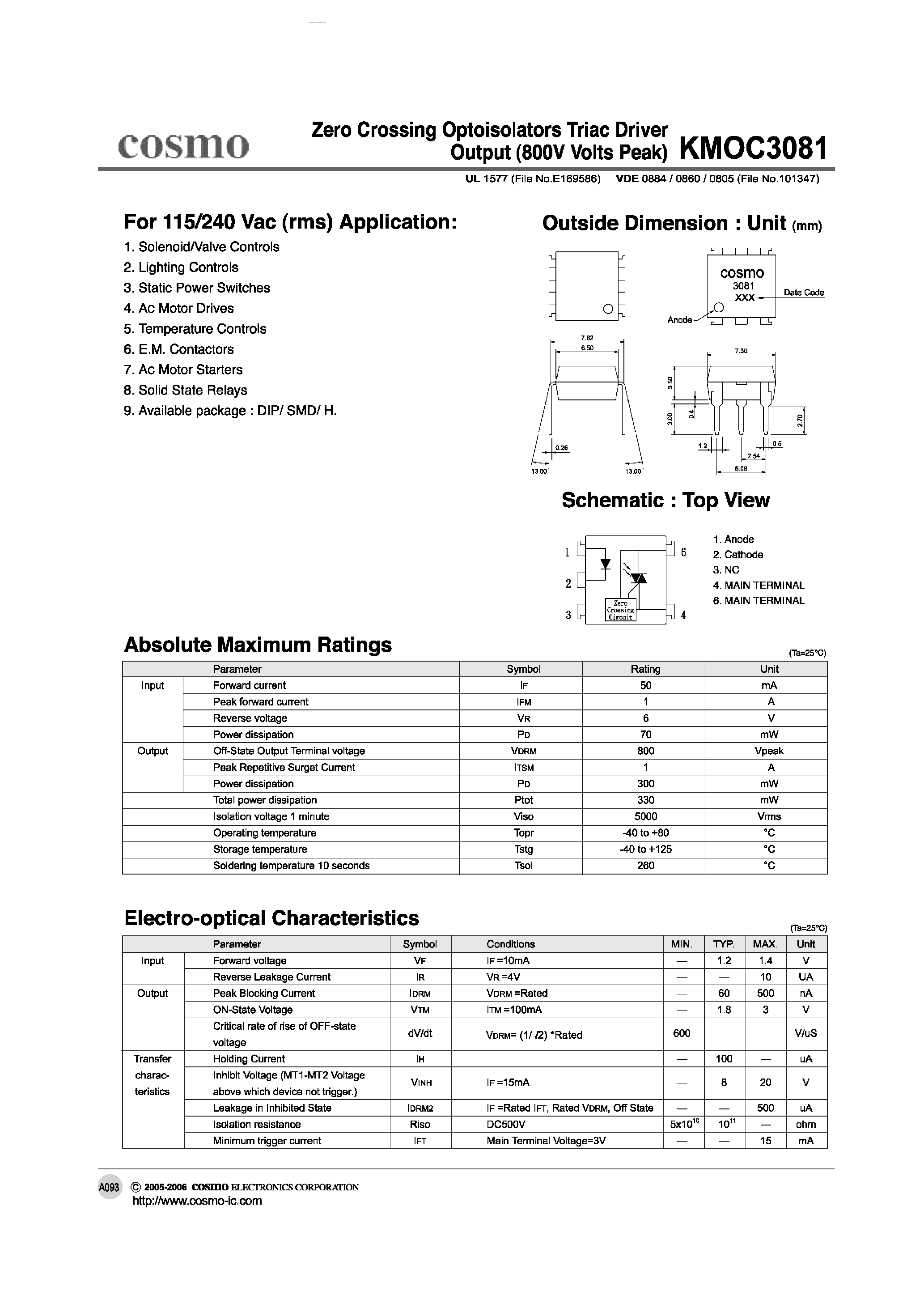 Даташит KMOC3081 - ZERO CROSSING OPTOISOLATORS TRIAC DRIVER OUTPUT страница 1