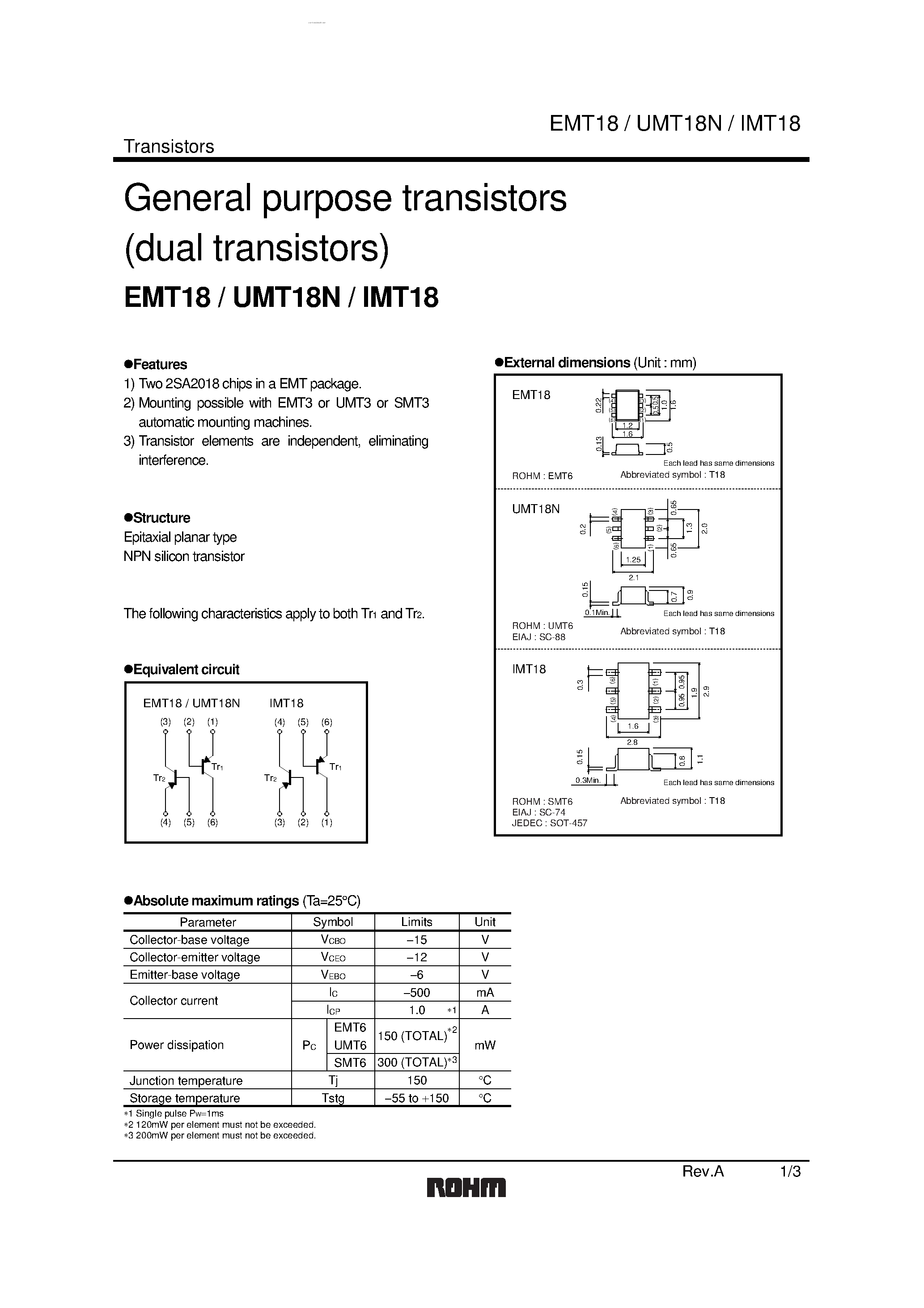 Даташит UMT18N - General purpose transistors страница 1