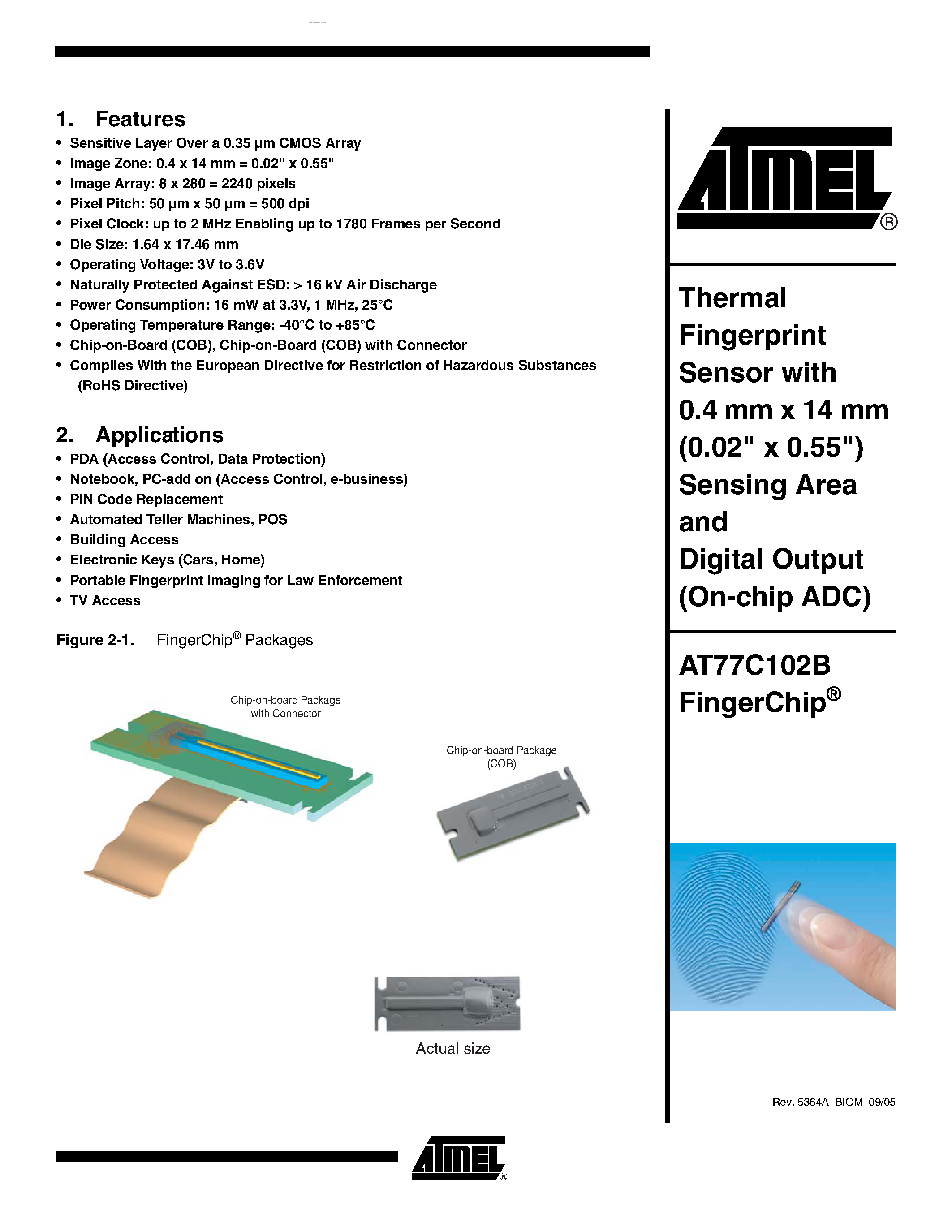 Даташит AT77C102B - Thermal Fingerprint Sensor страница 1