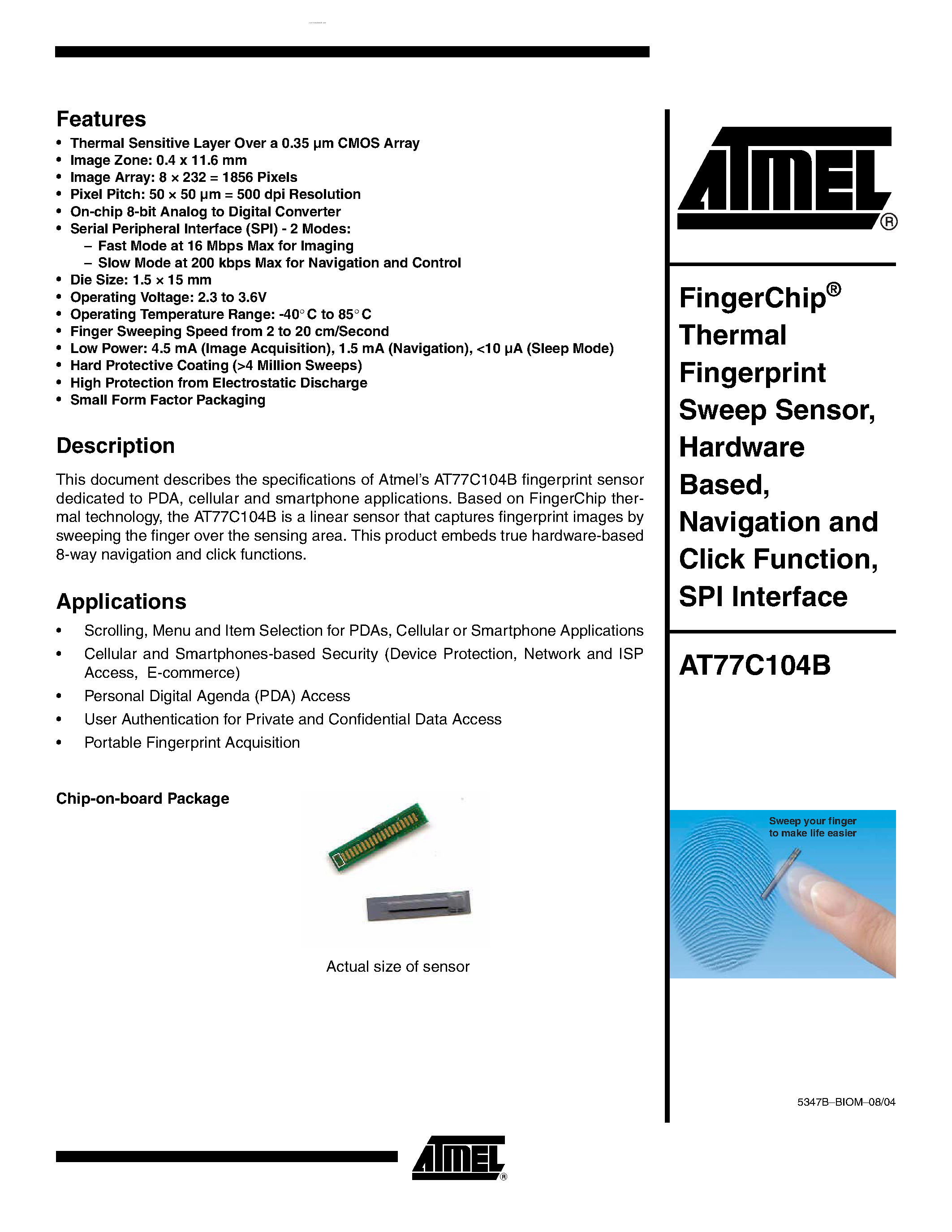 Даташит AT77C104B - FingerChip Thermal Fingerprint Sweep Sensor страница 1