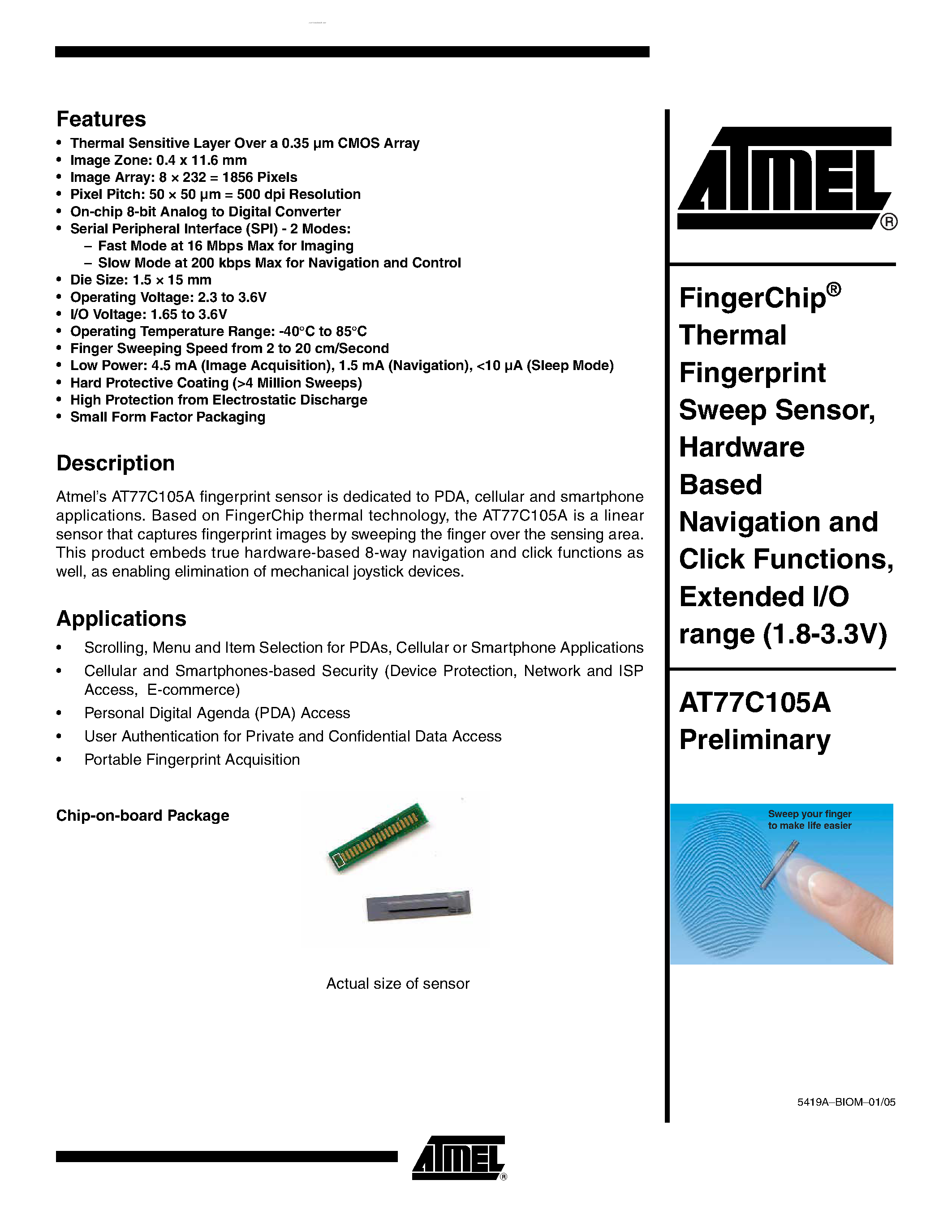 Даташит AT77C105A - FingerChip Thermal Fingerprint Sweep Sensor страница 1