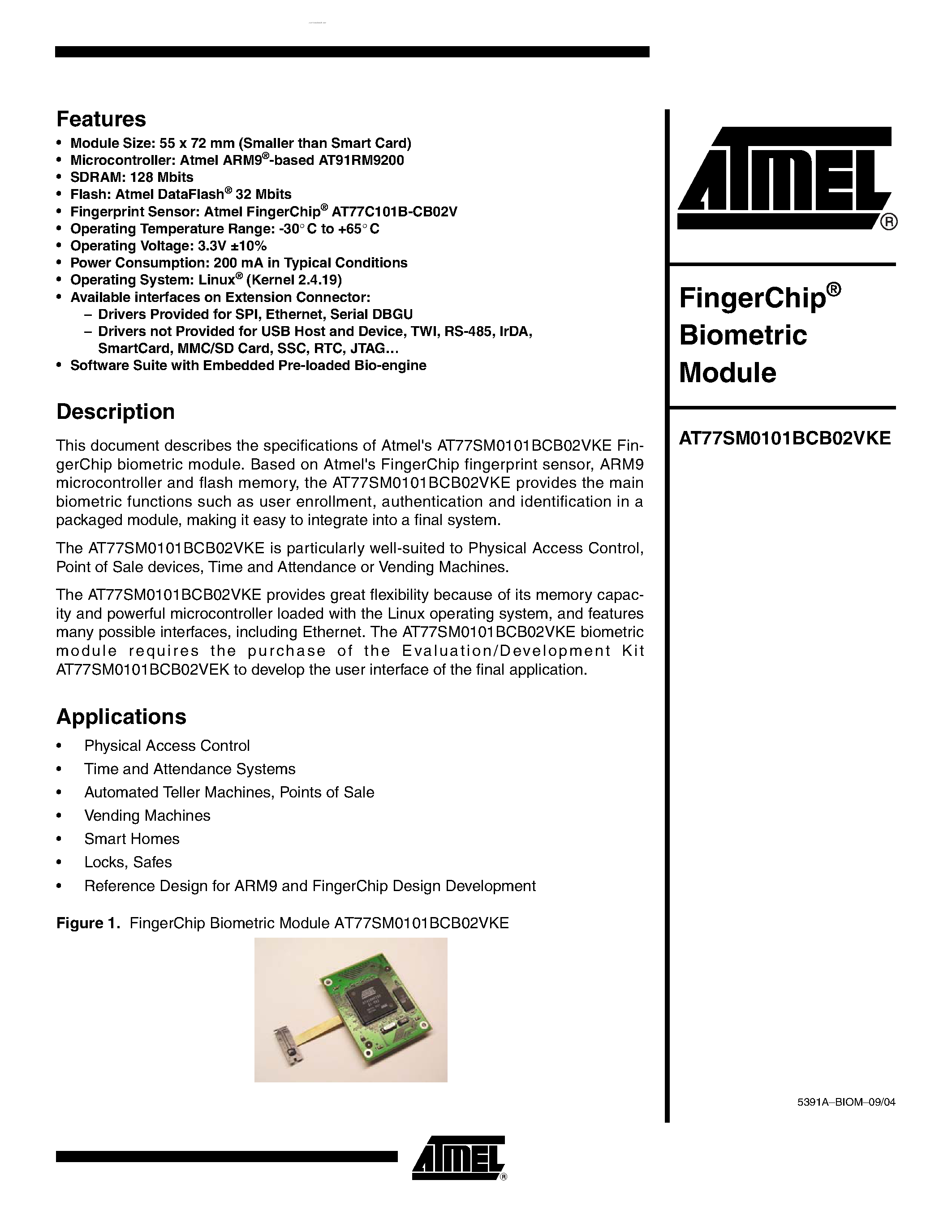 Даташит AT77SM0101BCB02VKE - FingerCHIP BIOMETRIC MODULE страница 1