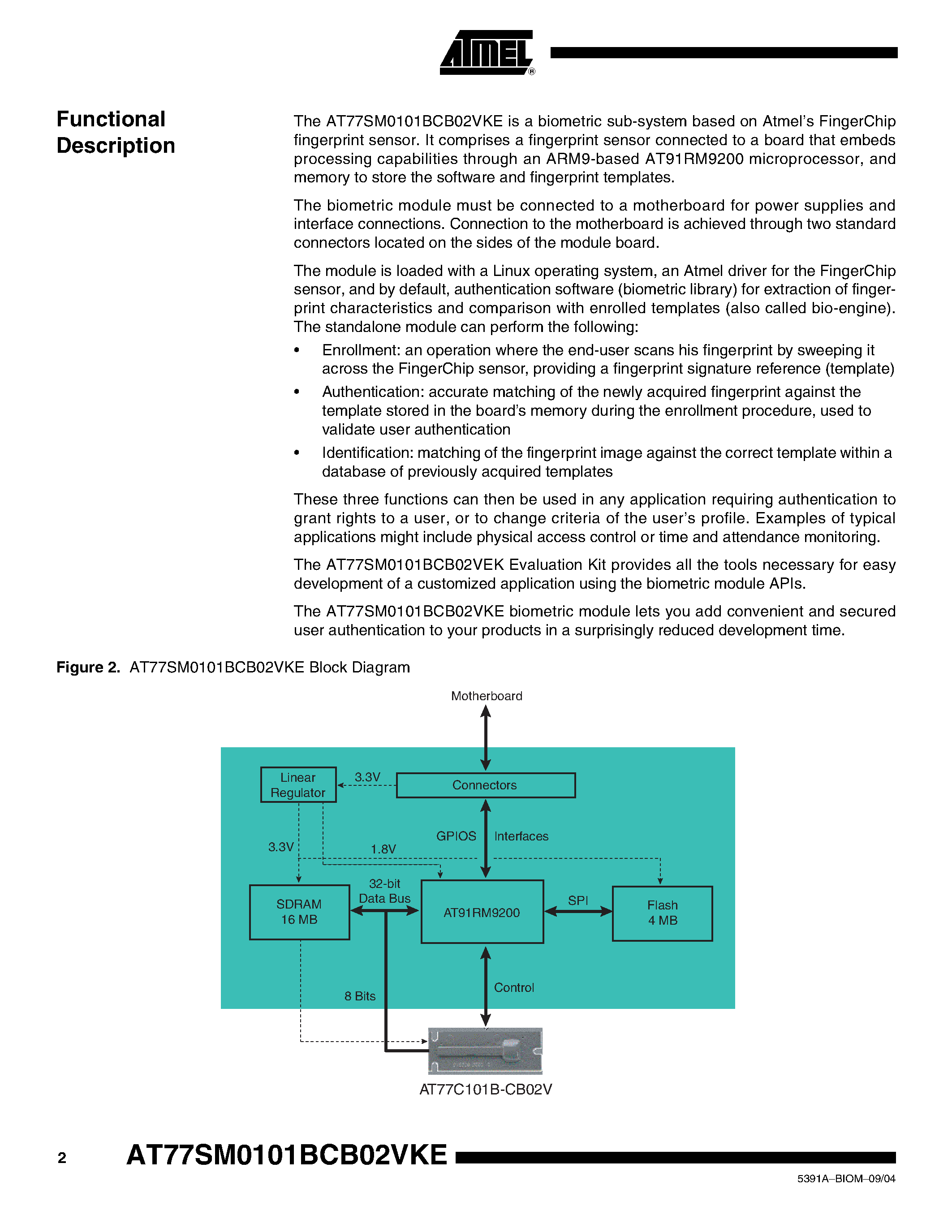 Даташит AT77SM0101BCB02VKE - FingerCHIP BIOMETRIC MODULE страница 2