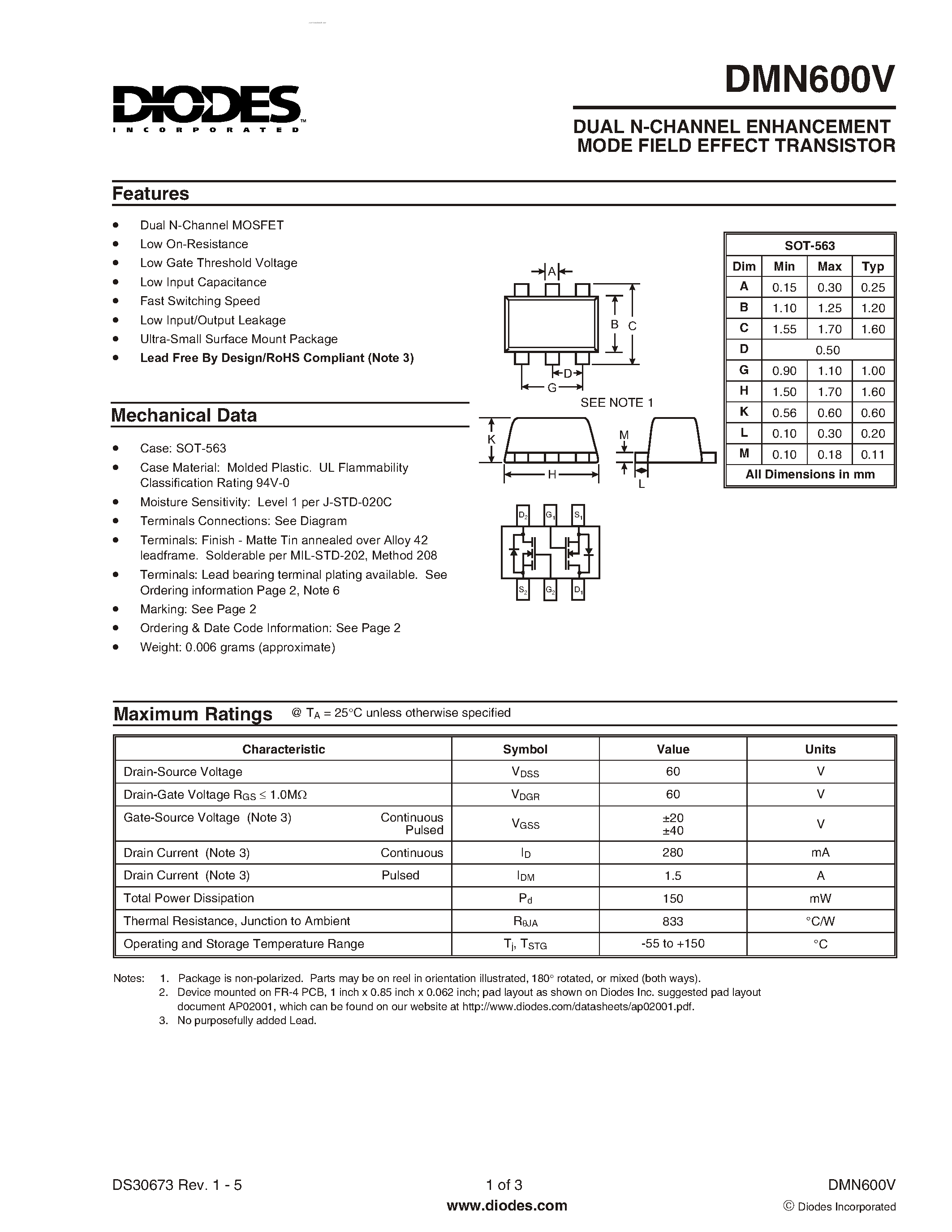 Даташит DMN600V - DUAL N-CHANNEL ENHANCEMENT MODE FIELD EFFECT TRANSISTOR страница 1