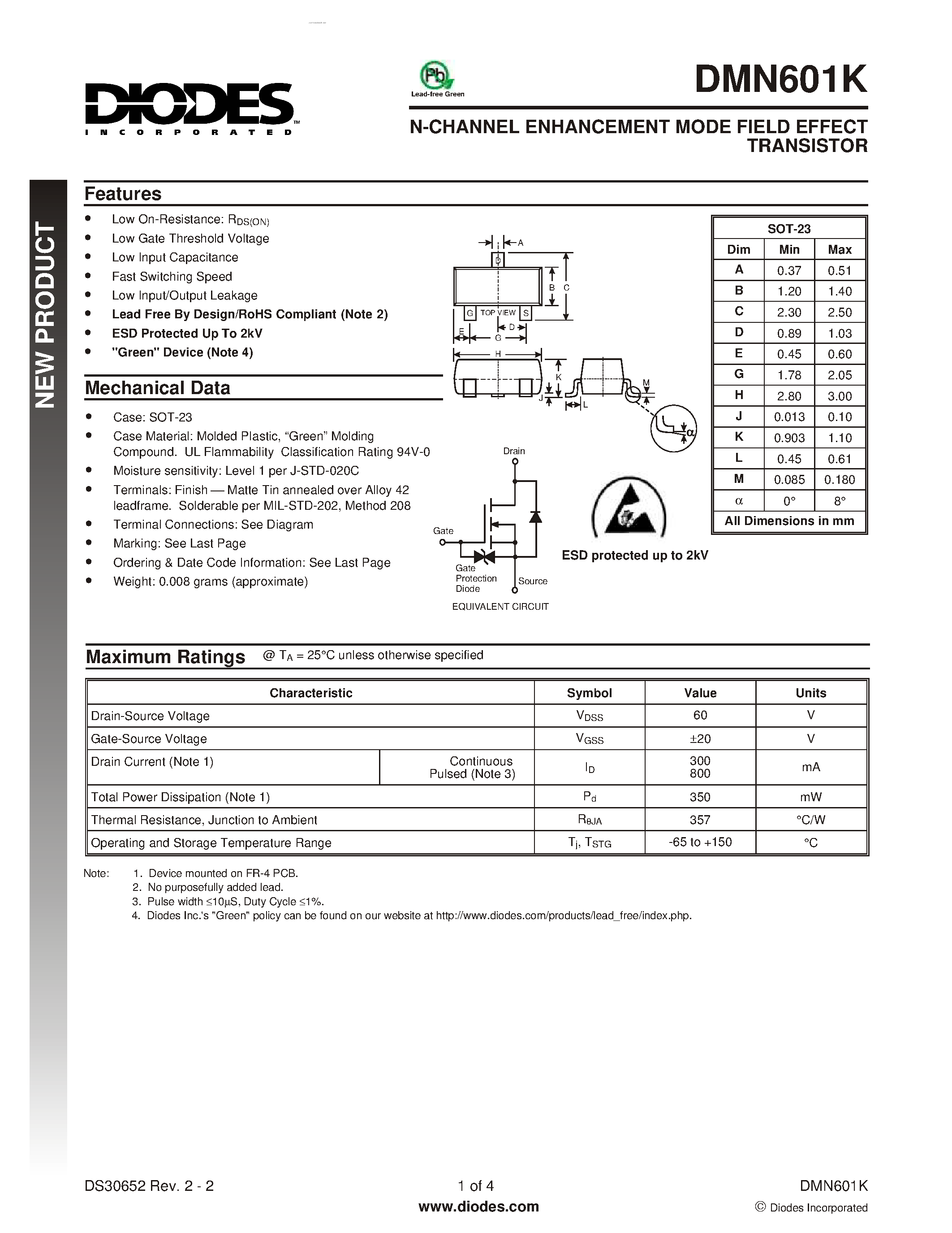 Даташит DMN601K - N-CHANNEL ENHANCEMENT MODE FIELD EFFECT TRANSISTOR страница 1