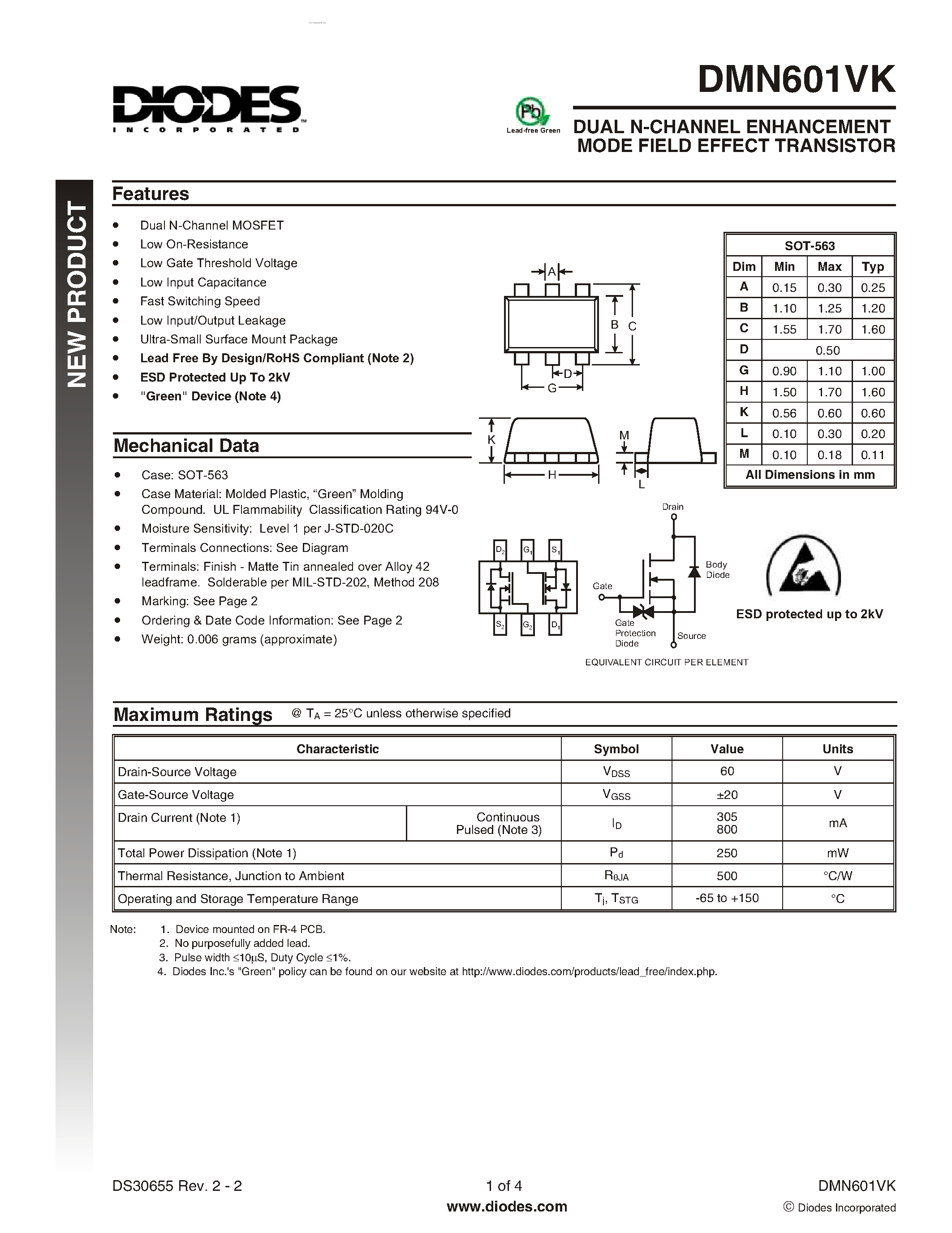 Даташит DMN601VK - DUAL N-CHANNEL ENHANCEMENT MODE FIELD EFFECT TRANSISTOR страница 1