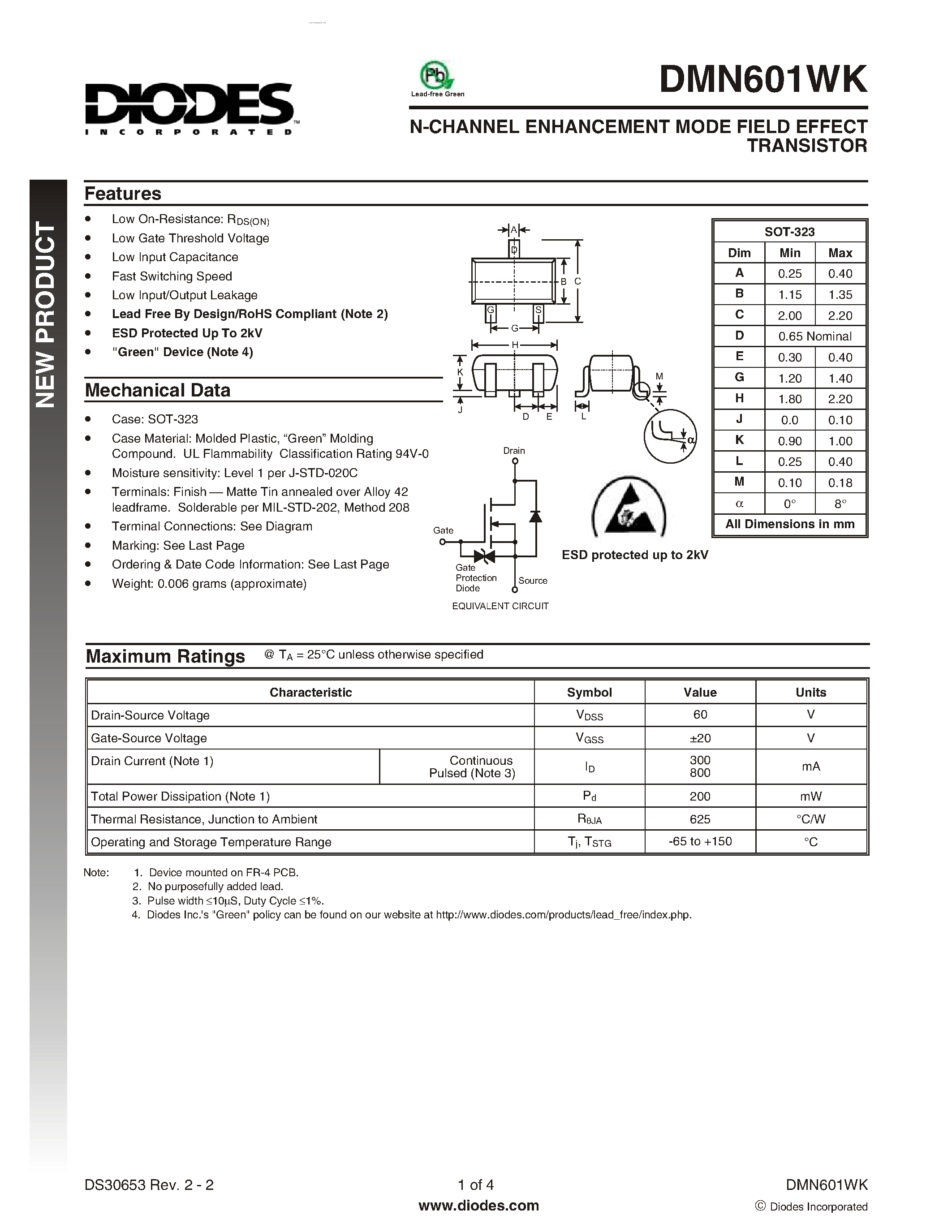 Даташит DMN601WK - N-CHANNEL ENHANCEMENT MODE FIELD EFFECT TRANSISTOR страница 1