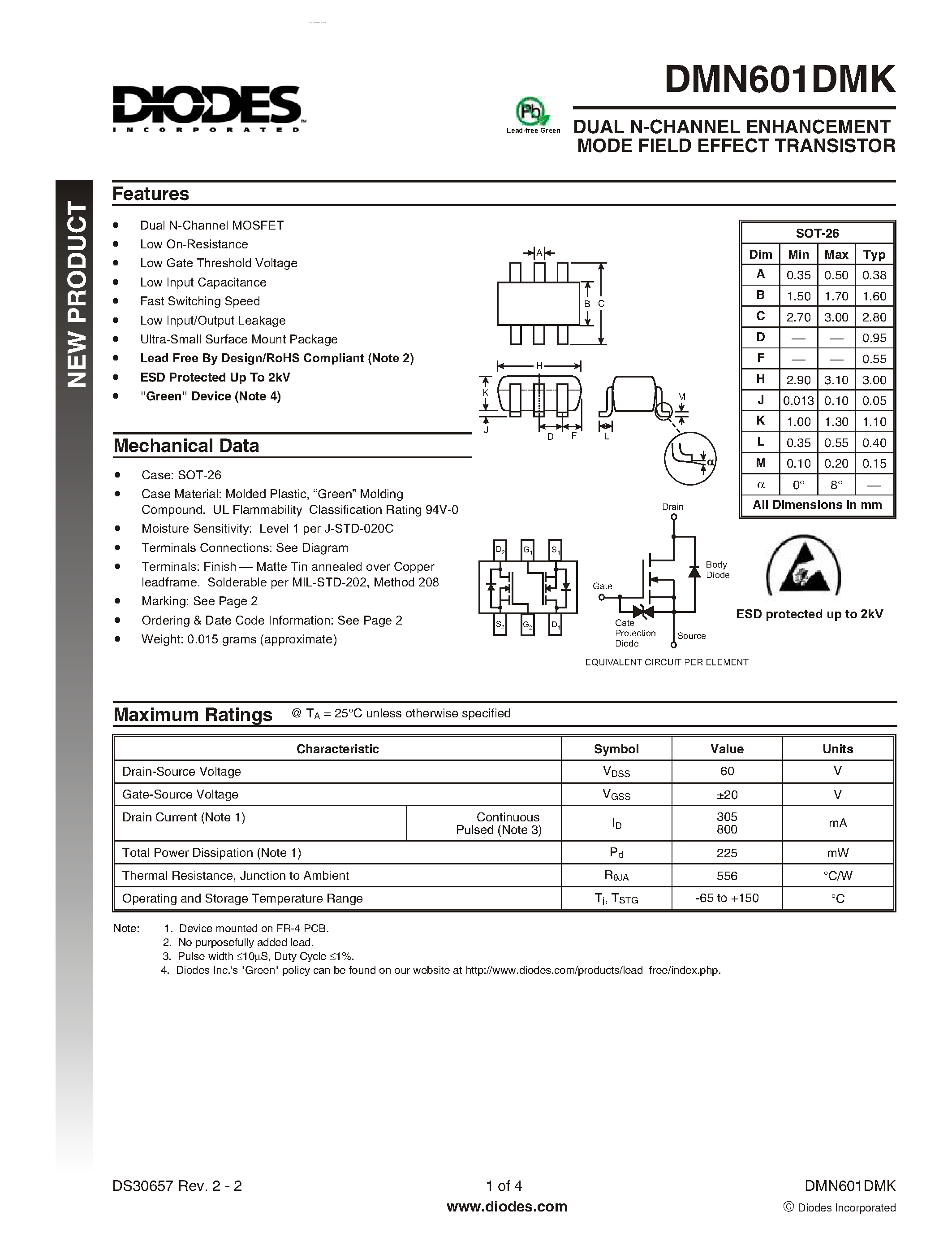 Даташит DMN601DMK - DUAL N-CHANNEL ENHANCEMENT MODE FIELD EFFECT TRANSISTOR страница 1