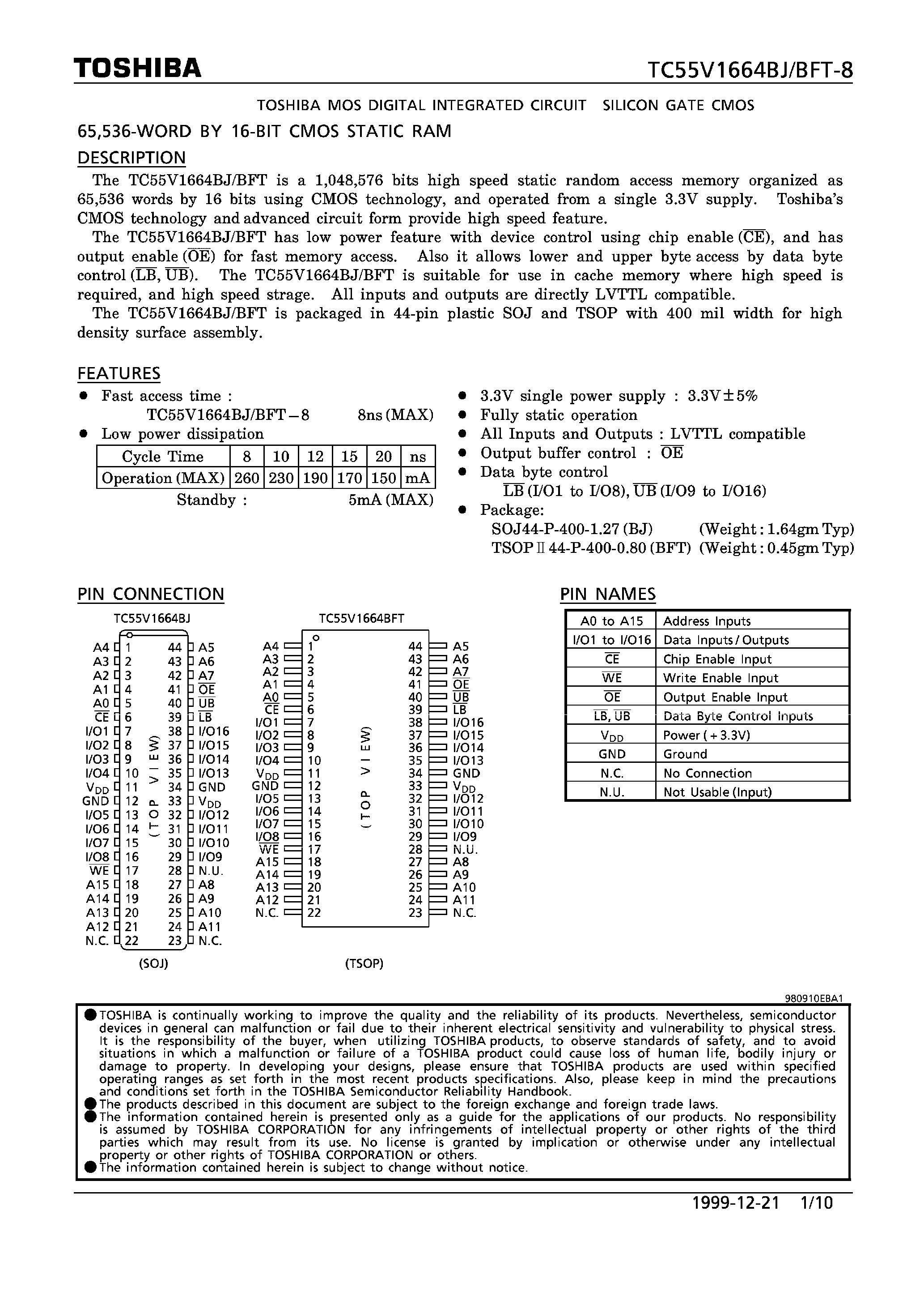 Datasheet TC55V1664BFT-8 - CMOS STATIC RAM page 1