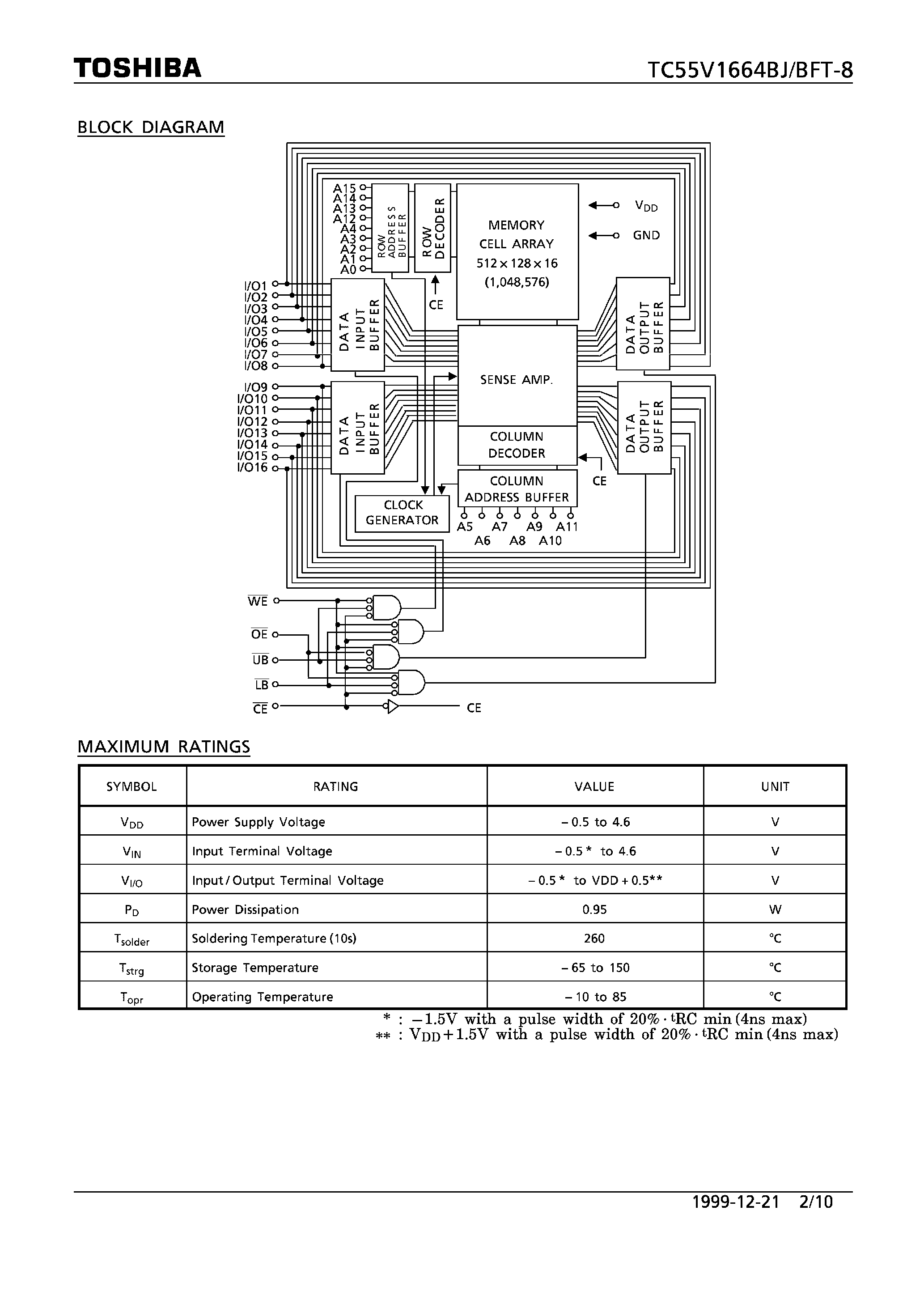 Datasheet TC55V1664BFT-8 - CMOS STATIC RAM page 2