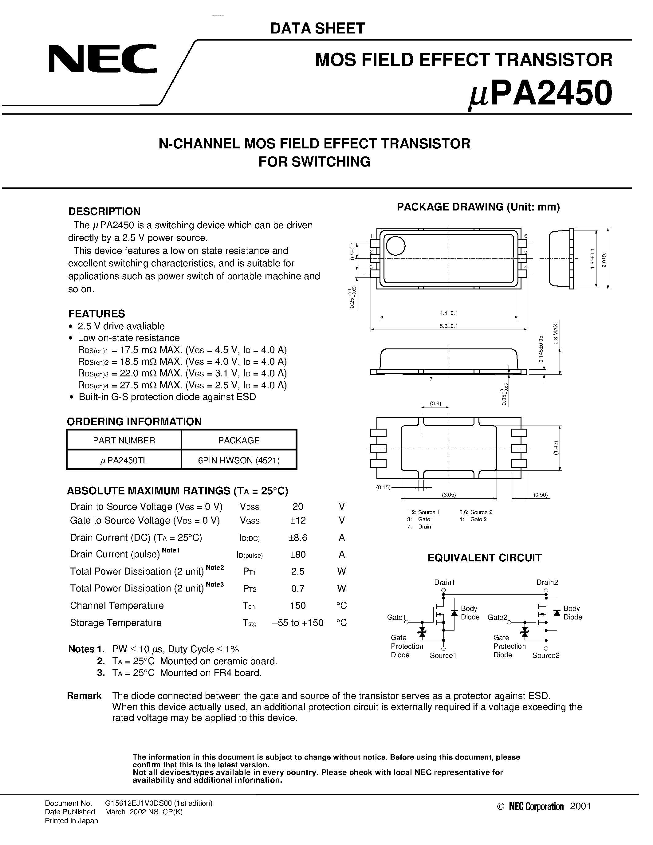 Даташит UPA2450 - N-CHANNEL MOS FIELD EFFECT TRANSISTOR страница 1