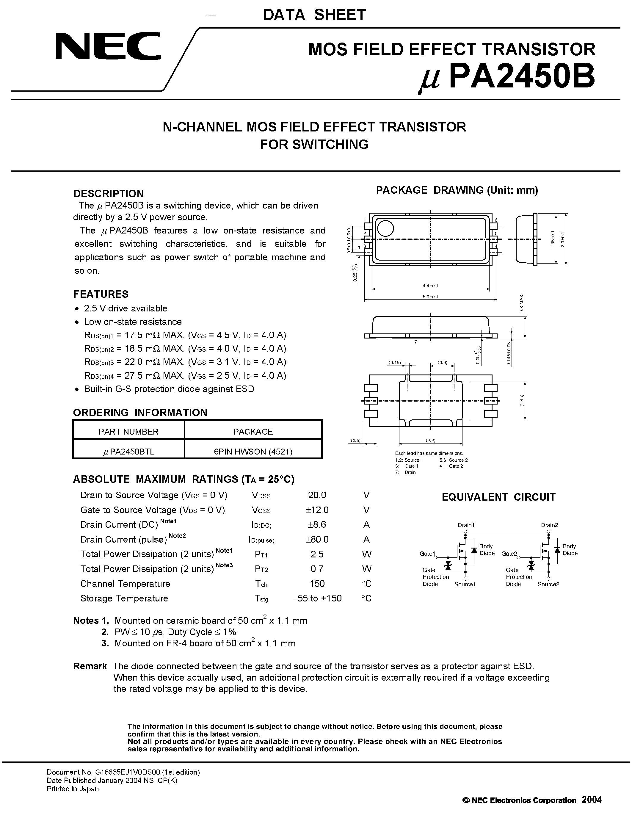 Даташит UPA2450B - N-CHANNEL MOS FIELD EFFECT TRANSISTOR страница 1