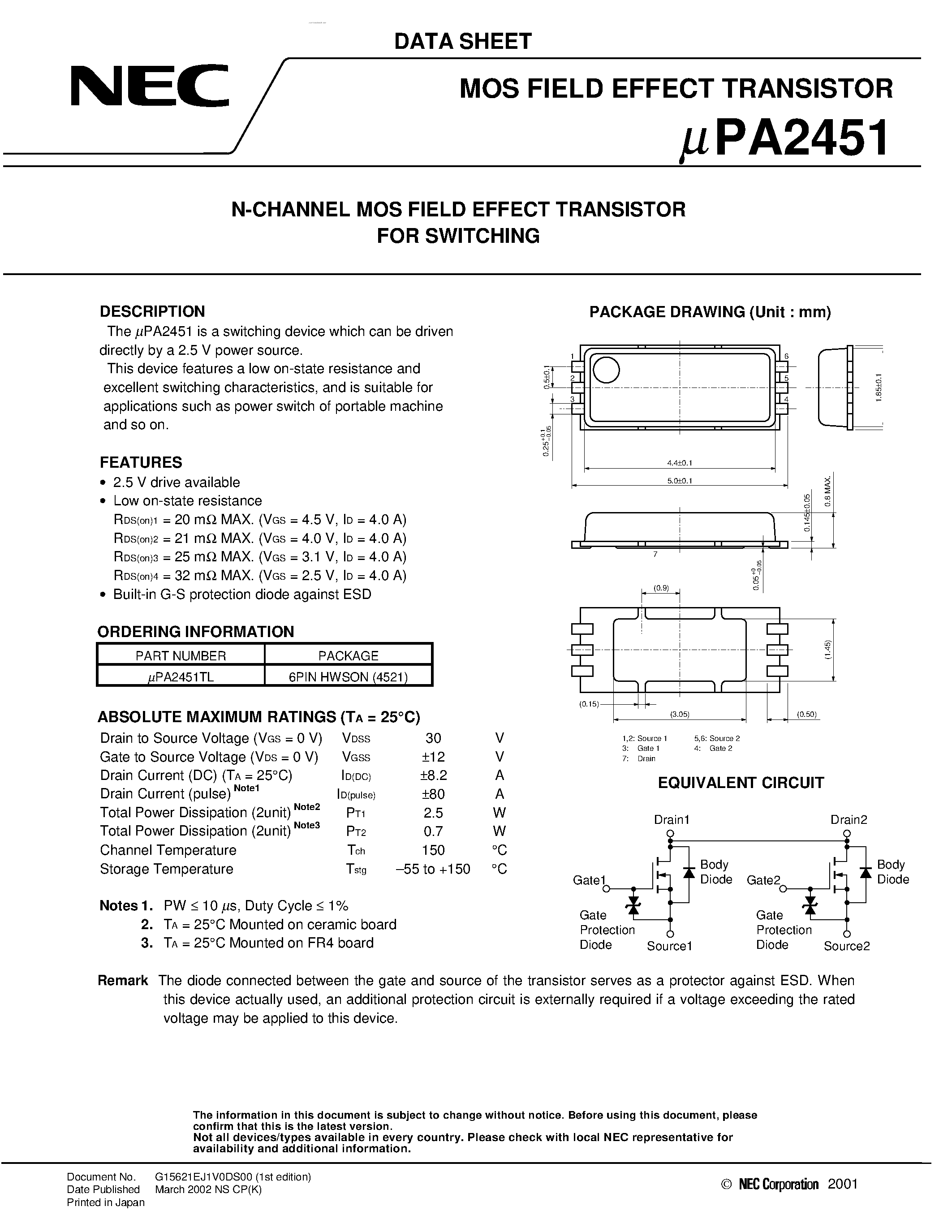 Даташит UPA2451 - N-CHANNEL MOS FIELD EFFECT TRANSISTOR страница 1