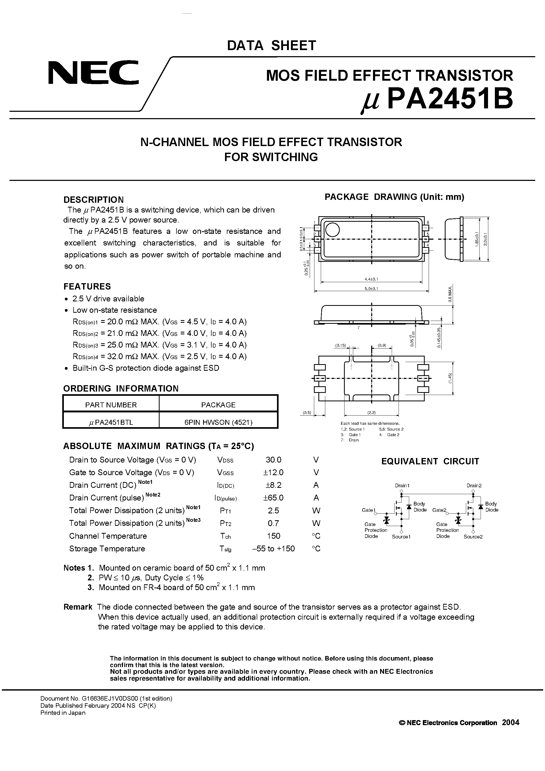 Даташит UPA2451B - N-CHANNEL MOS FIELD EFFECT TRANSISTOR страница 1