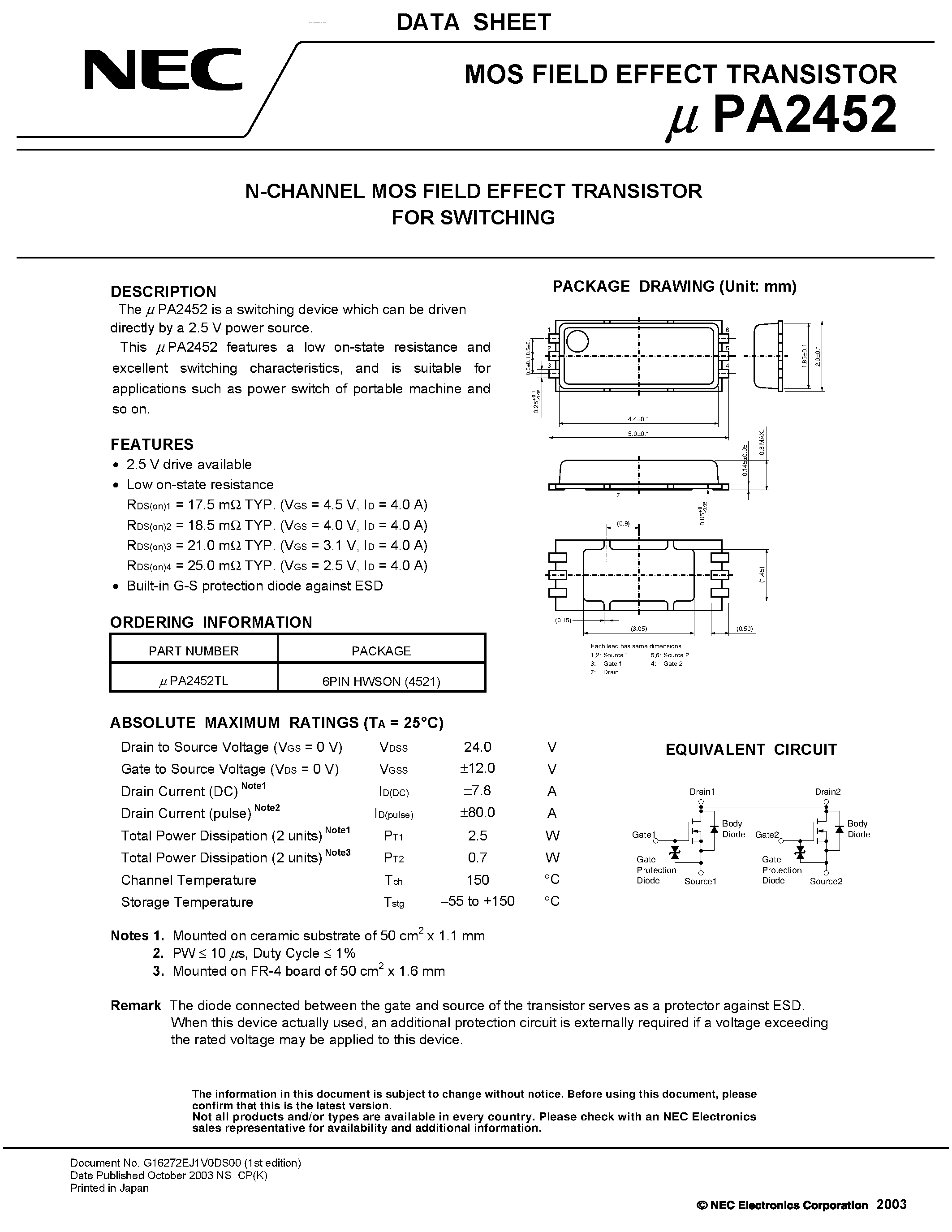 Даташит UPA2452 - N-CHANNEL MOS FIELD EFFECT TRANSISTOR страница 1