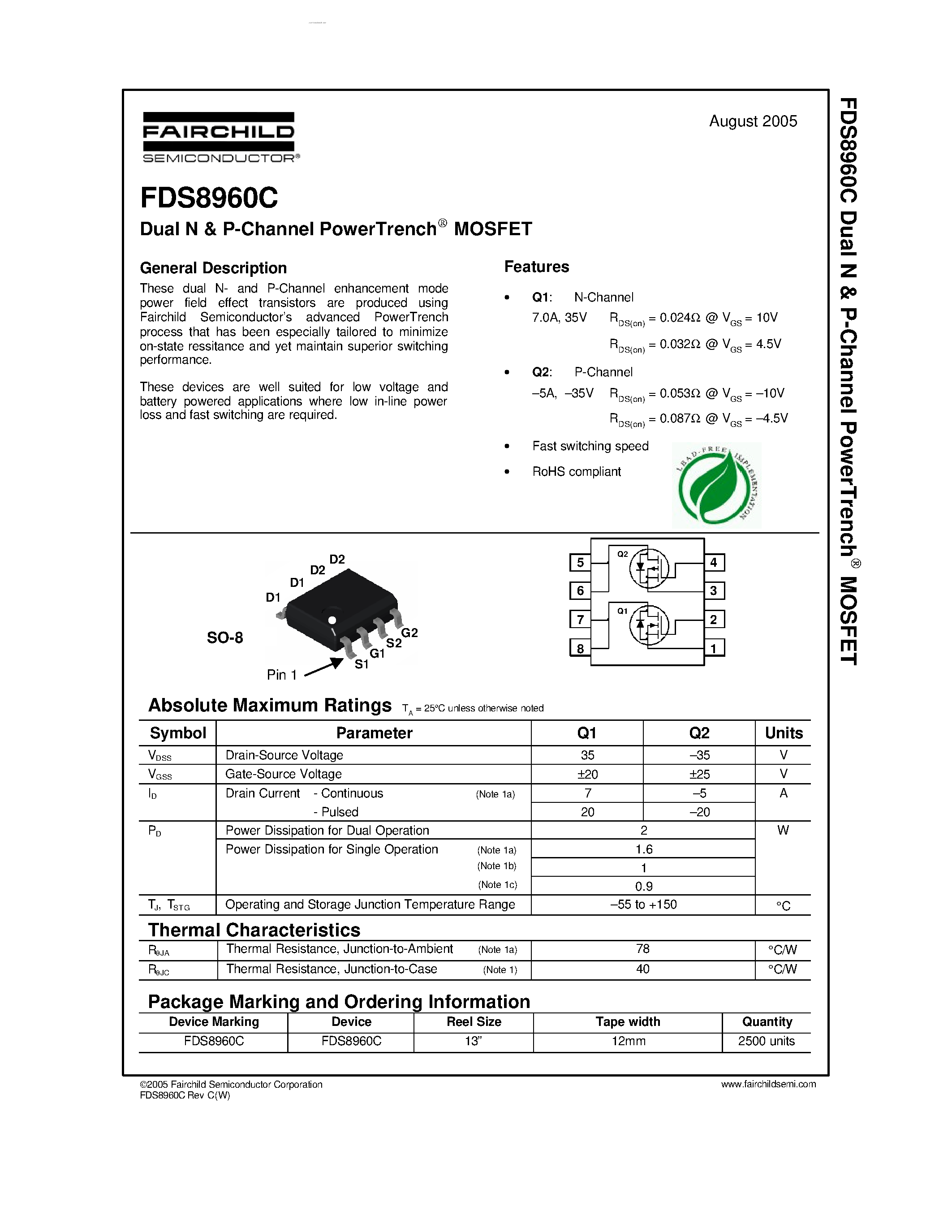 Datasheet FDS8960C - Dual N & P-Channel PowerTrench MOSFET page 1