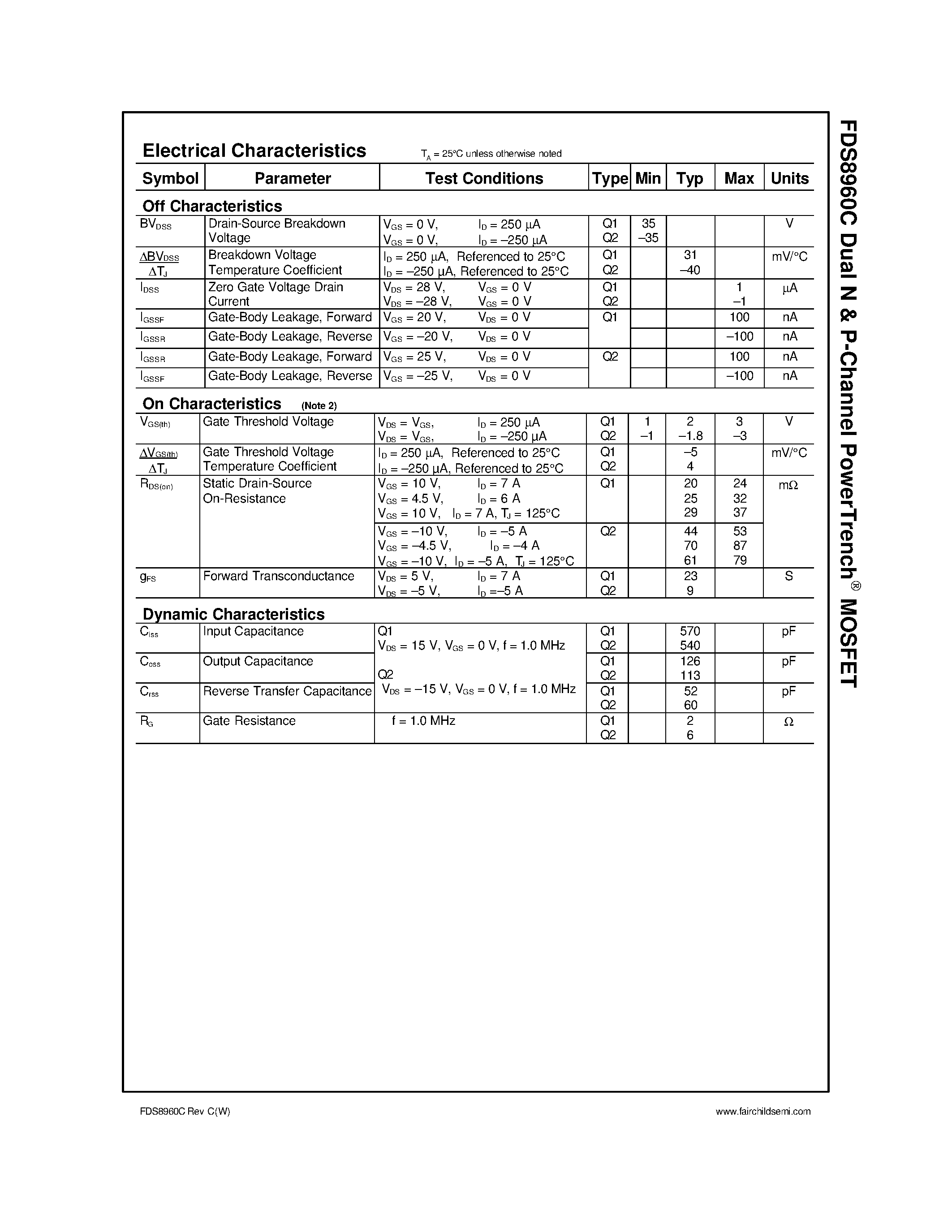 Datasheet FDS8960C - Dual N & P-Channel PowerTrench MOSFET page 2