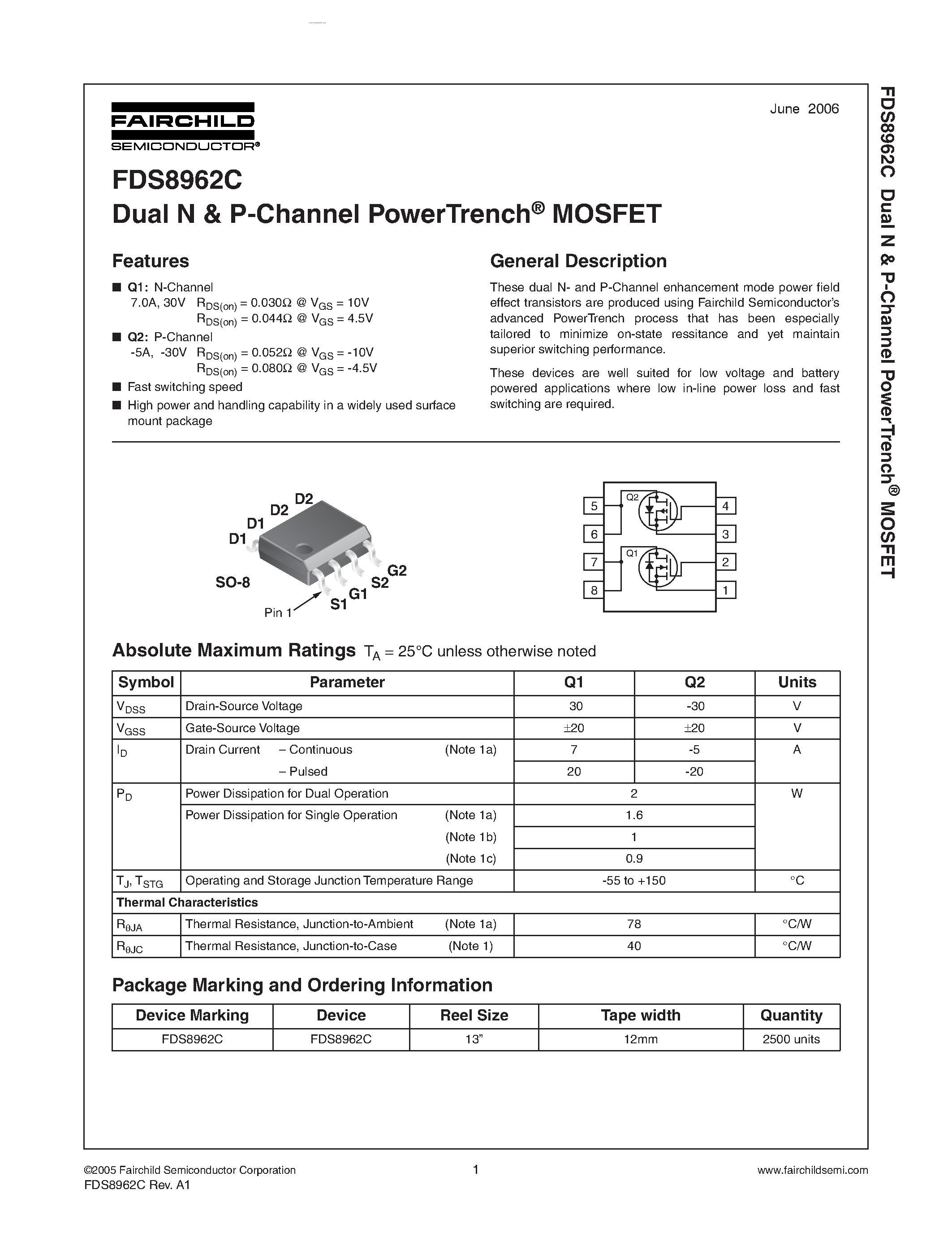 Datasheet FDS8962C - Dual N & P-Channel PowerTrench MOSFET page 1