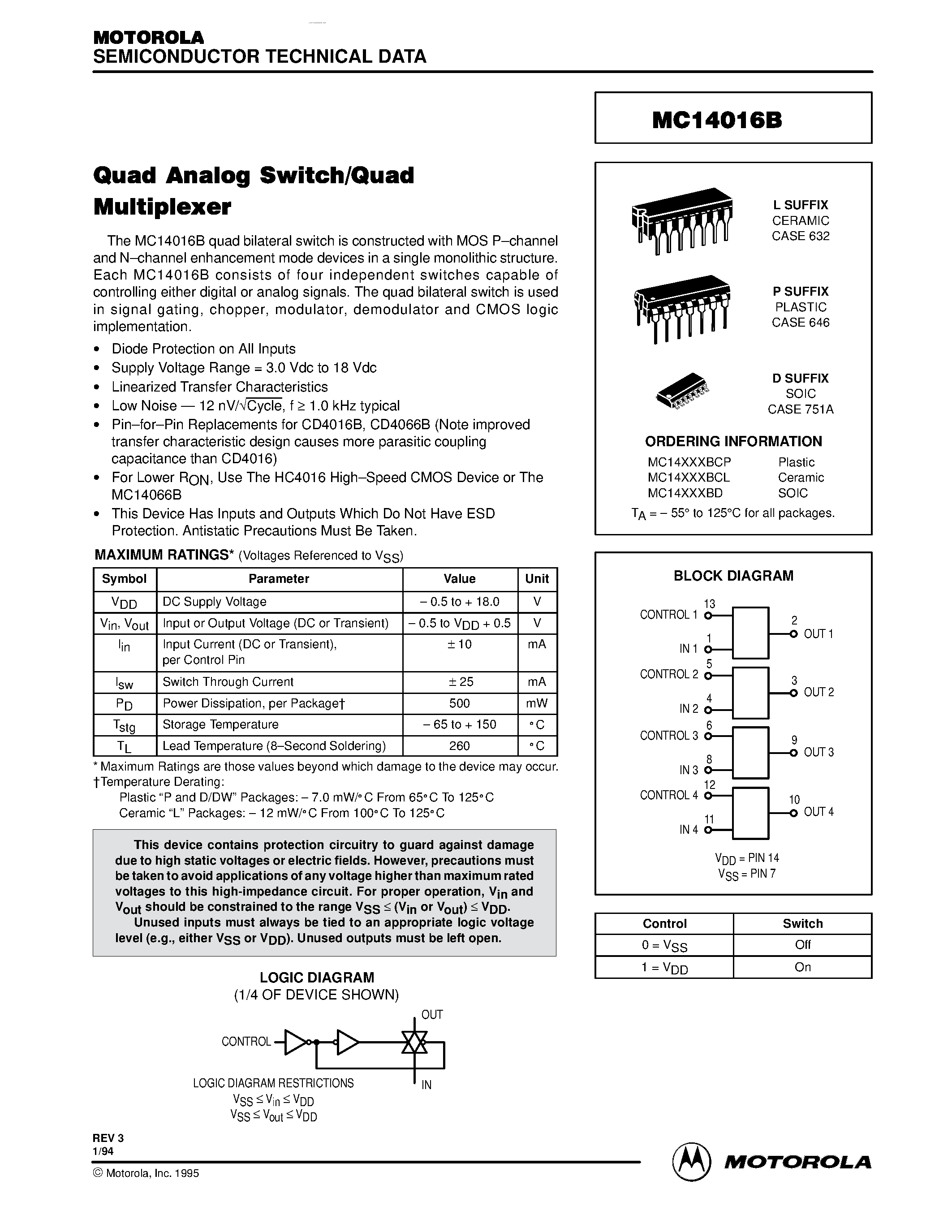 Даташит MC14016B - Quad Analog Switch/Quad Multiplexer страница 1