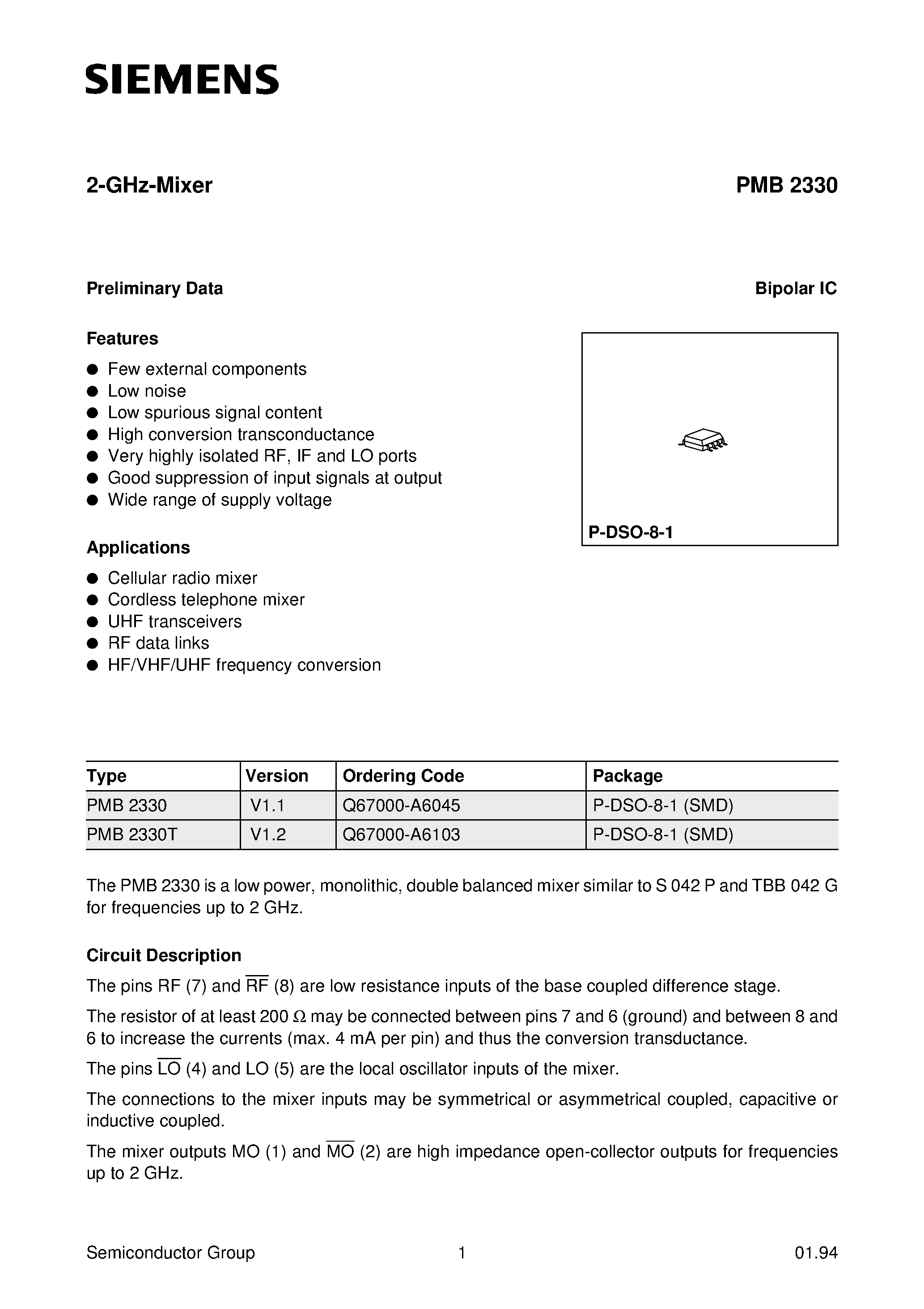 Даташит PMB2330 - 2-GHz-Mixer страница 1