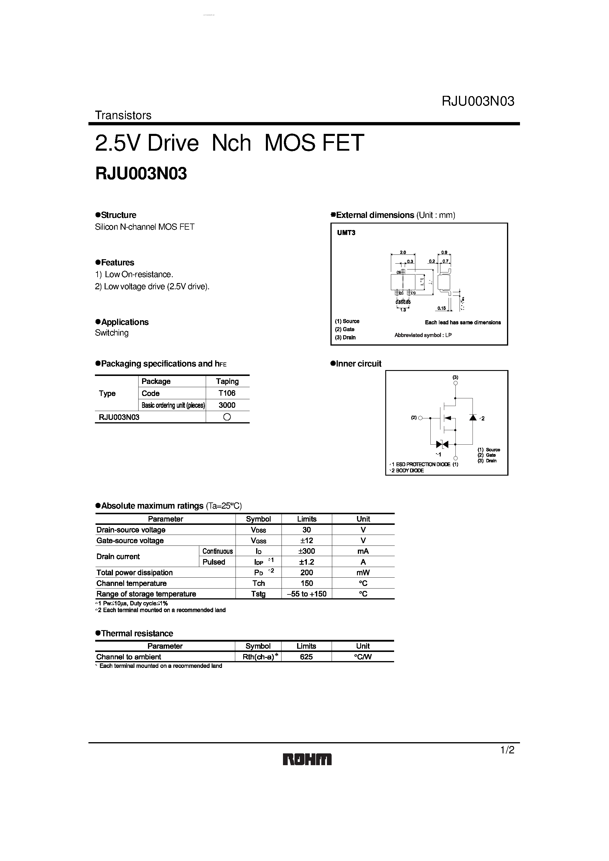 Даташит RJU003N03 - 2.5V Drive Nch MOS FET страница 1