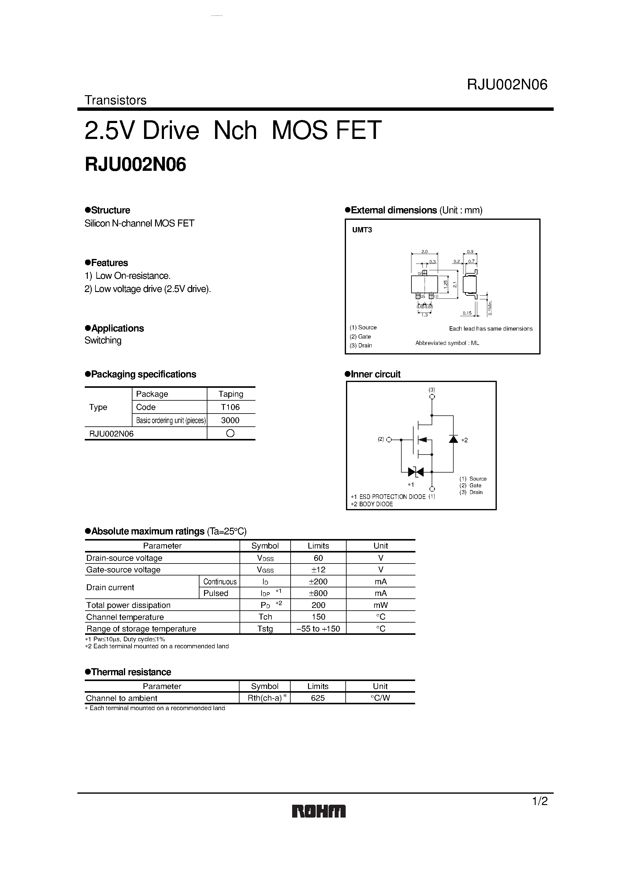 Даташит RJU002N06 - 2.5V Drive Nch MOS FET страница 1