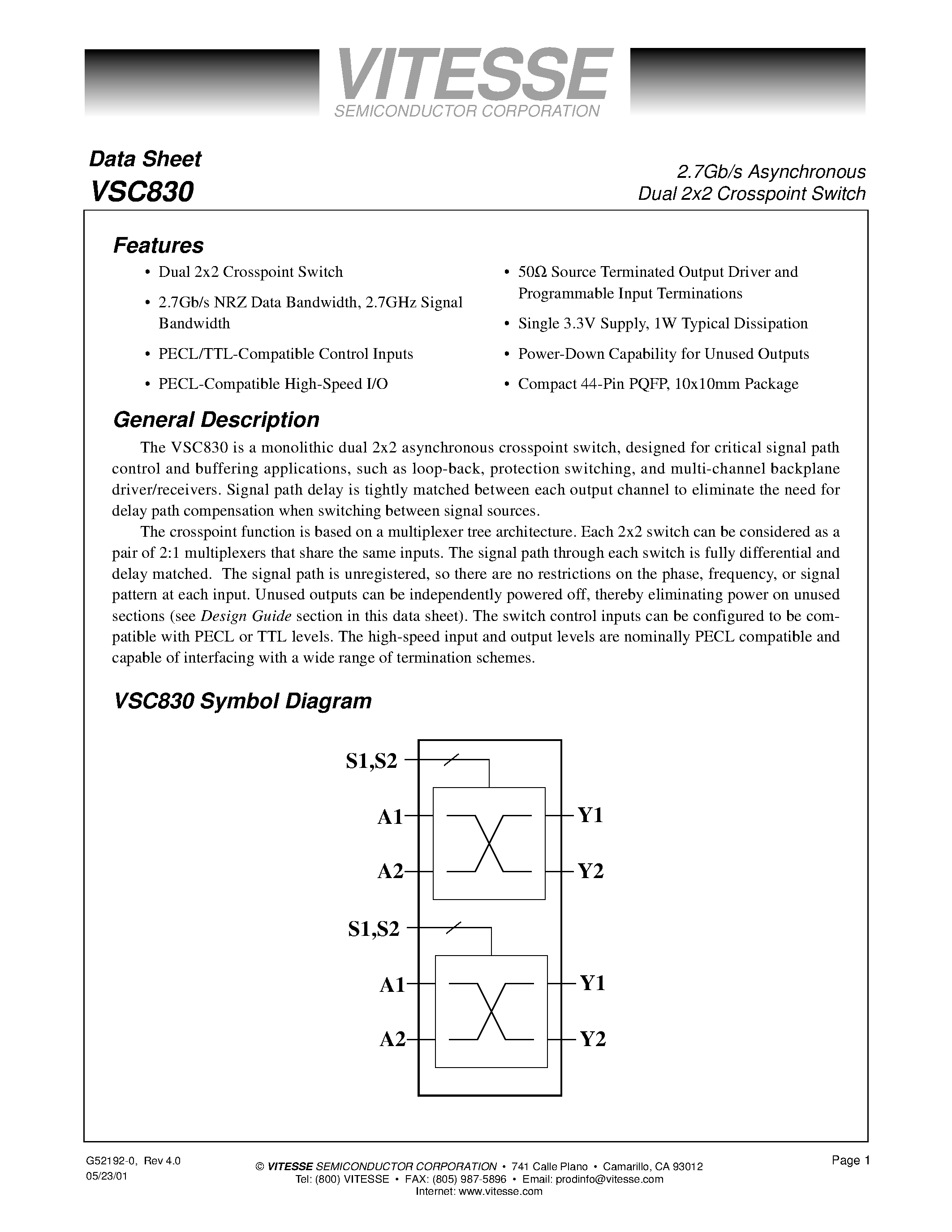 Даташит VSC830 - 2.7Gb/s Asynchronous Dual 2x2 Crosspoint Switch страница 1