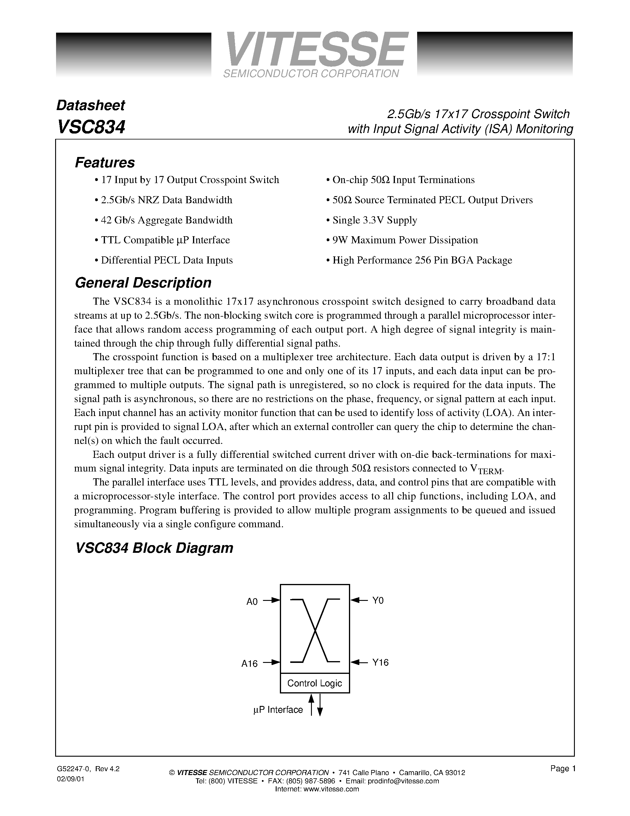 Даташит VSC834 - 2.5Gb/s 17 x 17 Crosspoint Switch страница 1