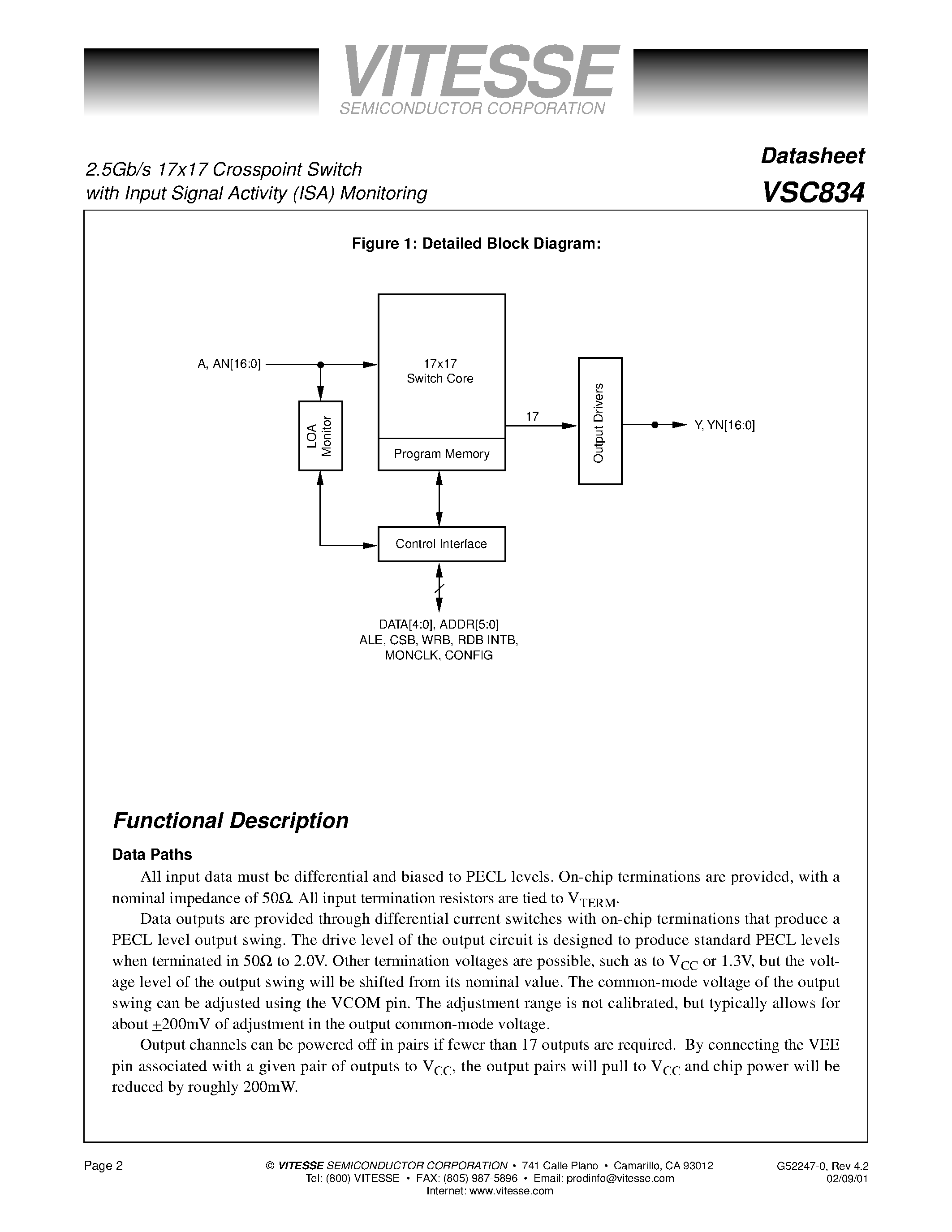 Даташит VSC834 - 2.5Gb/s 17 x 17 Crosspoint Switch страница 2