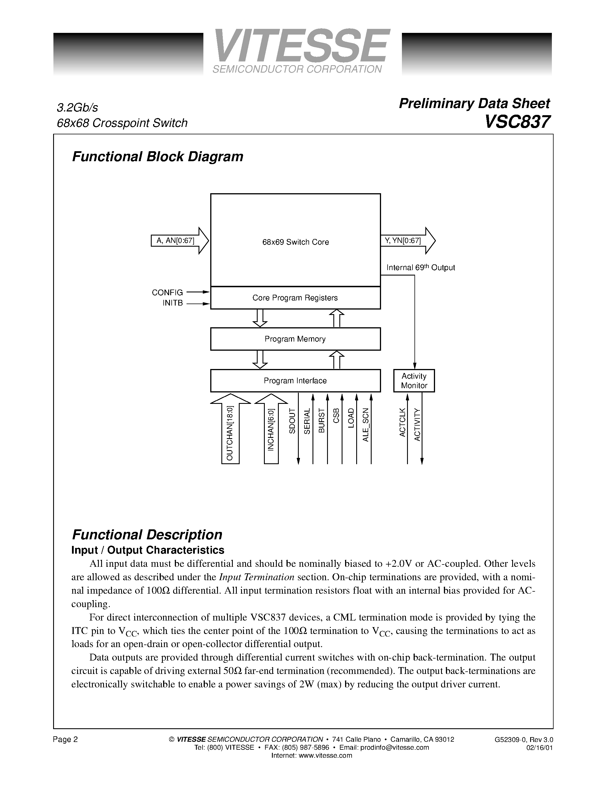 Даташит VSC837 - 3.2Gb/s 68x68 Crosspoint Switch страница 2