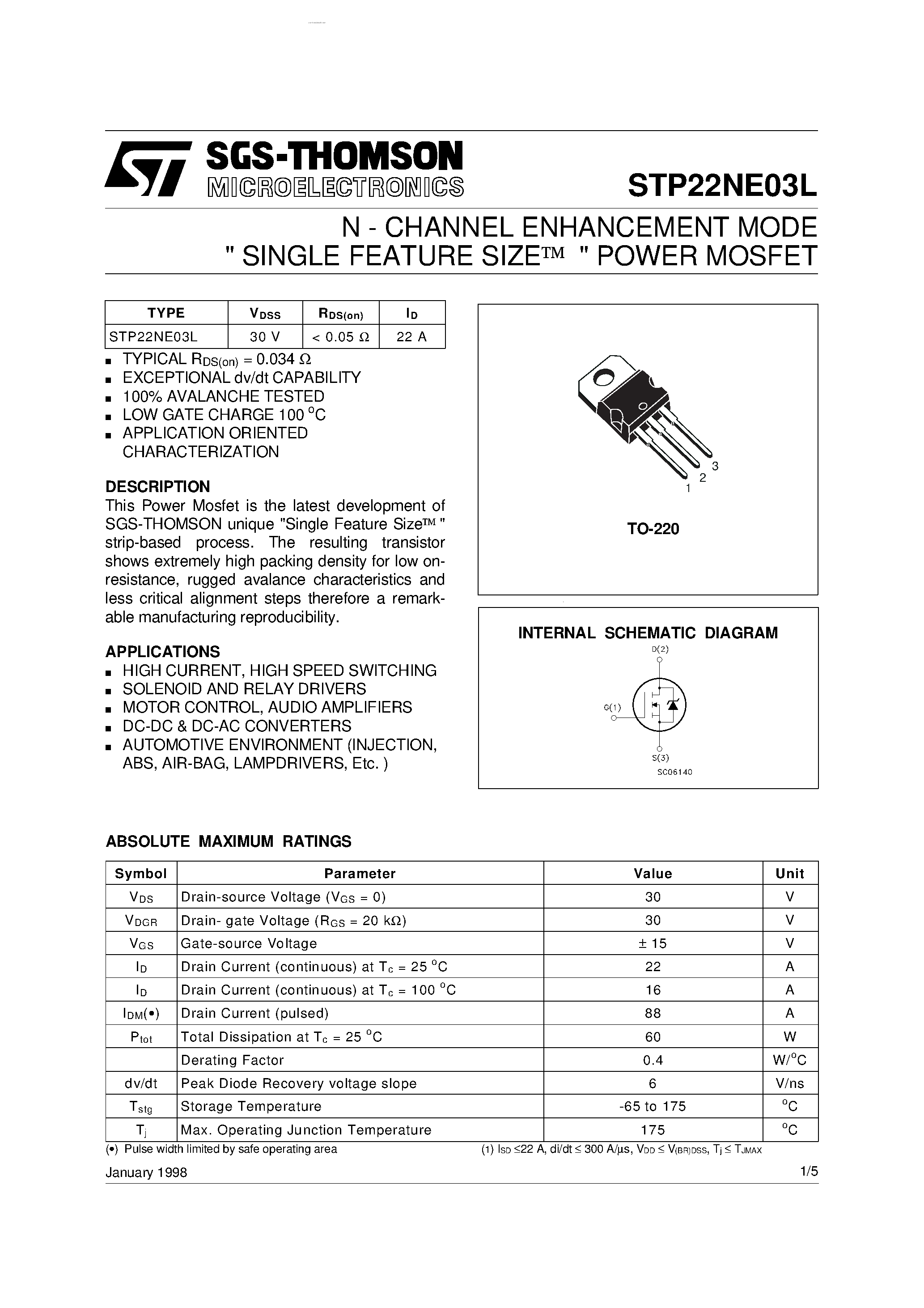 Даташит STP22NE03L - N-CHANNEL ENHANCEMENT MODE SINGLE FEATURE SIZE POWER MOSFET страница 1