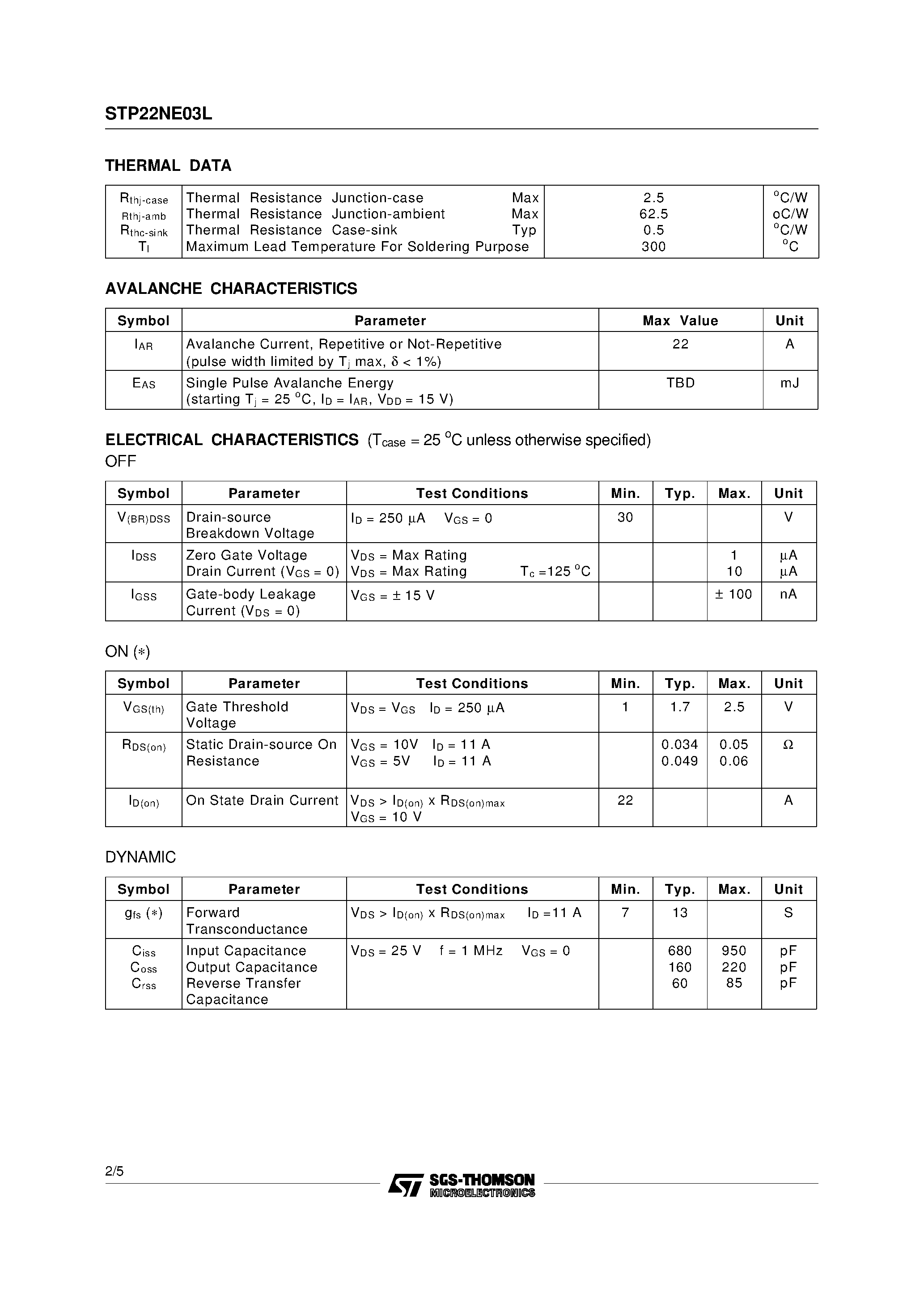 Даташит STP22NE03L - N-CHANNEL ENHANCEMENT MODE SINGLE FEATURE SIZE POWER MOSFET страница 2