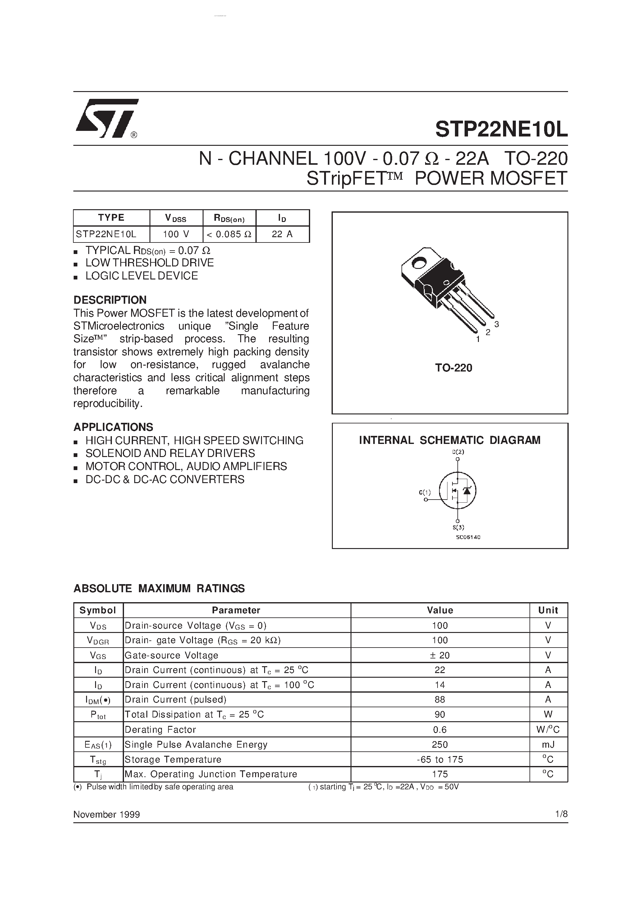 Даташит STP22NE10L - N-CHANNEL STripFET POWER MOSFET страница 1