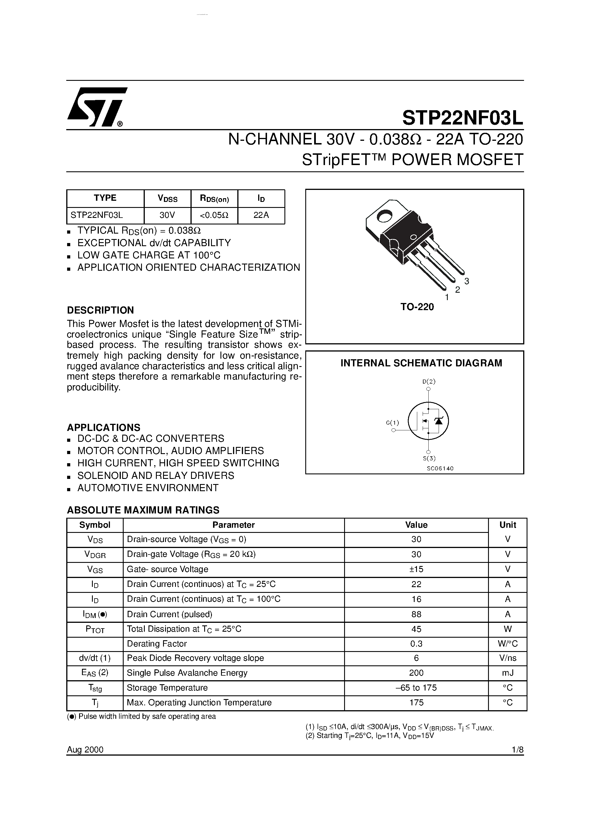 Даташит STP22NF03L - N-CHANNEL POWER MOSFET страница 1