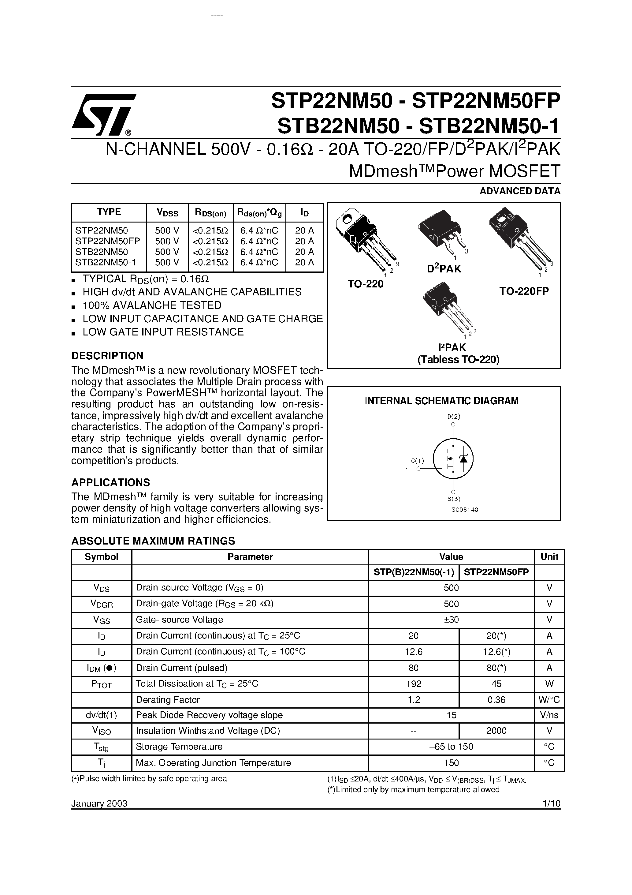 Даташит STP22NM50 - N-CHANNEL Power MOSFET страница 1