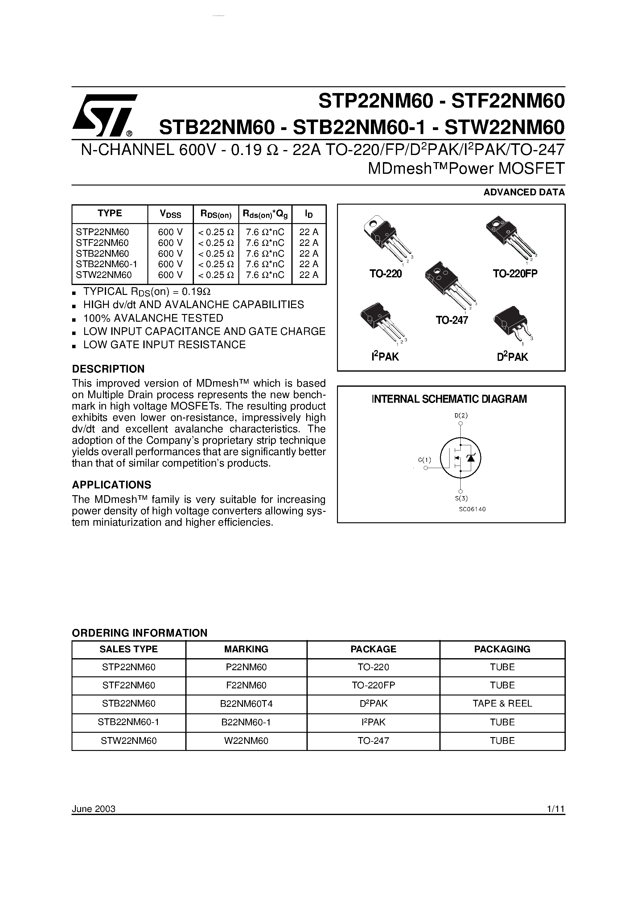 Даташит STP22NM60 - N-CHANNEL Power MOSFET страница 1