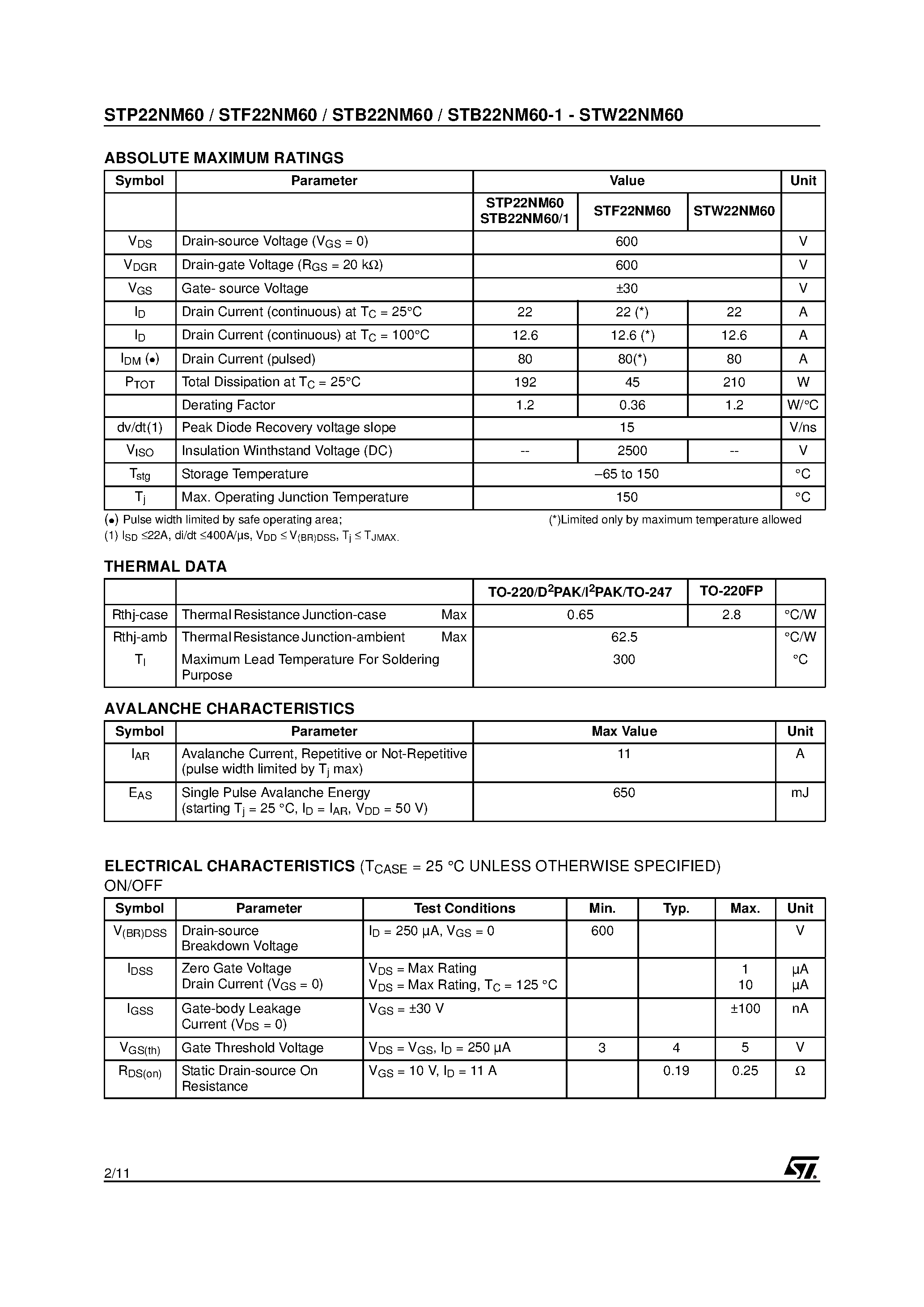 Даташит STP22NM60 - N-CHANNEL Power MOSFET страница 2