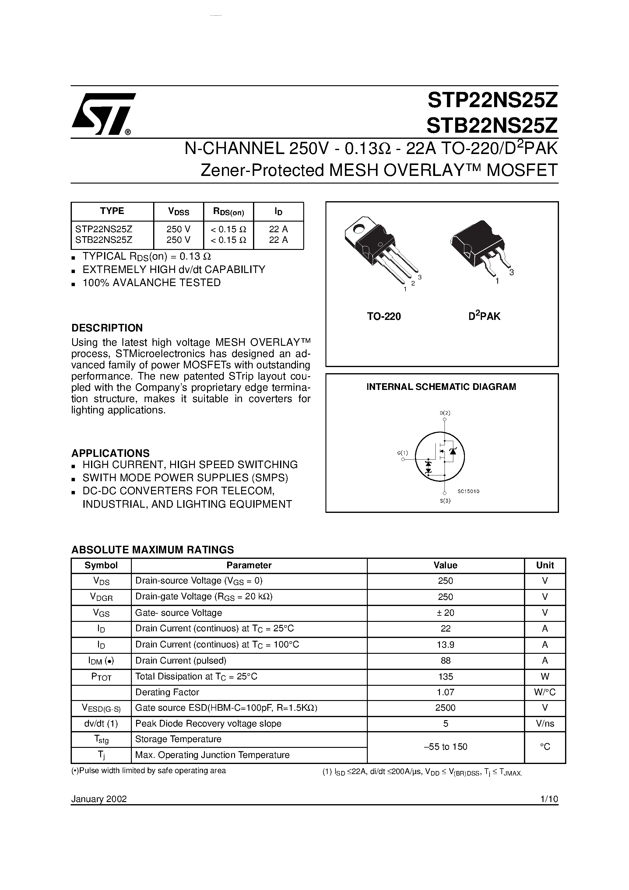 Даташит STP22NS25Z - N-CHANNEL MOSFET страница 1