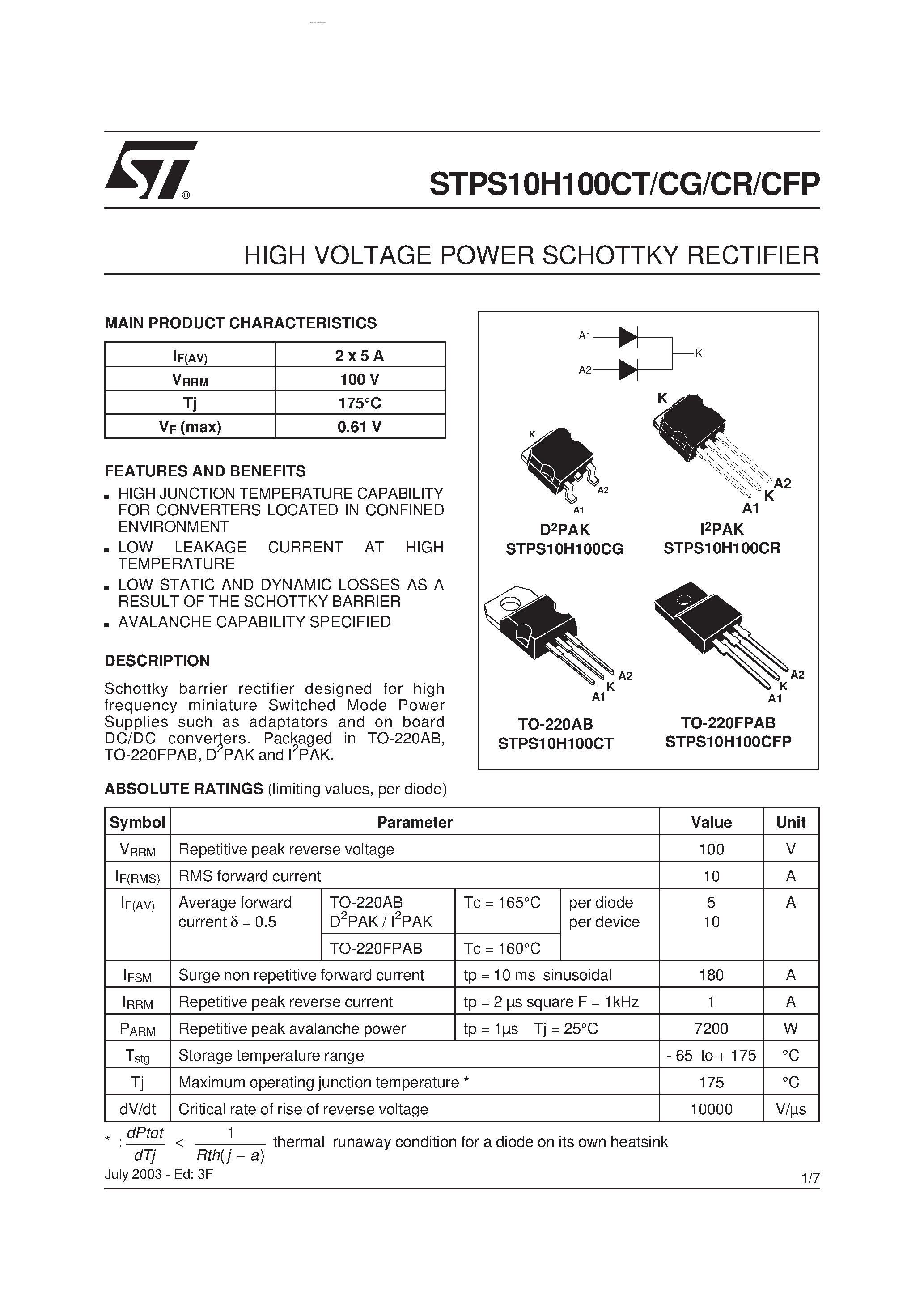 Даташит STPS10H100 - HIGH VOLTAGE POWER SCHOTTKY RECTIFIER страница 1