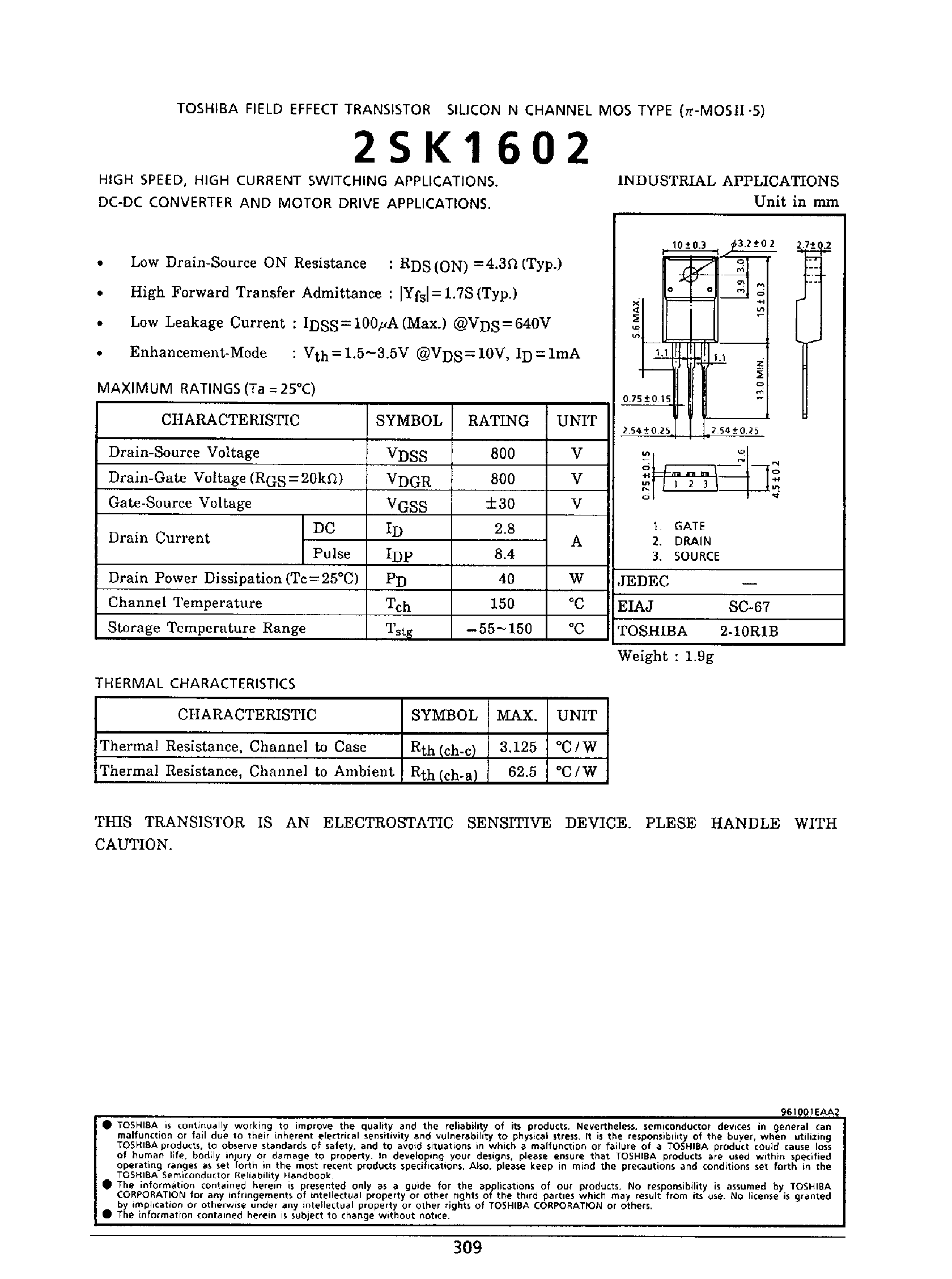 Datasheet 2SK1602 - DC-DC CONVERTER AND MOTOR DRIVE APPLICATIONS page 1