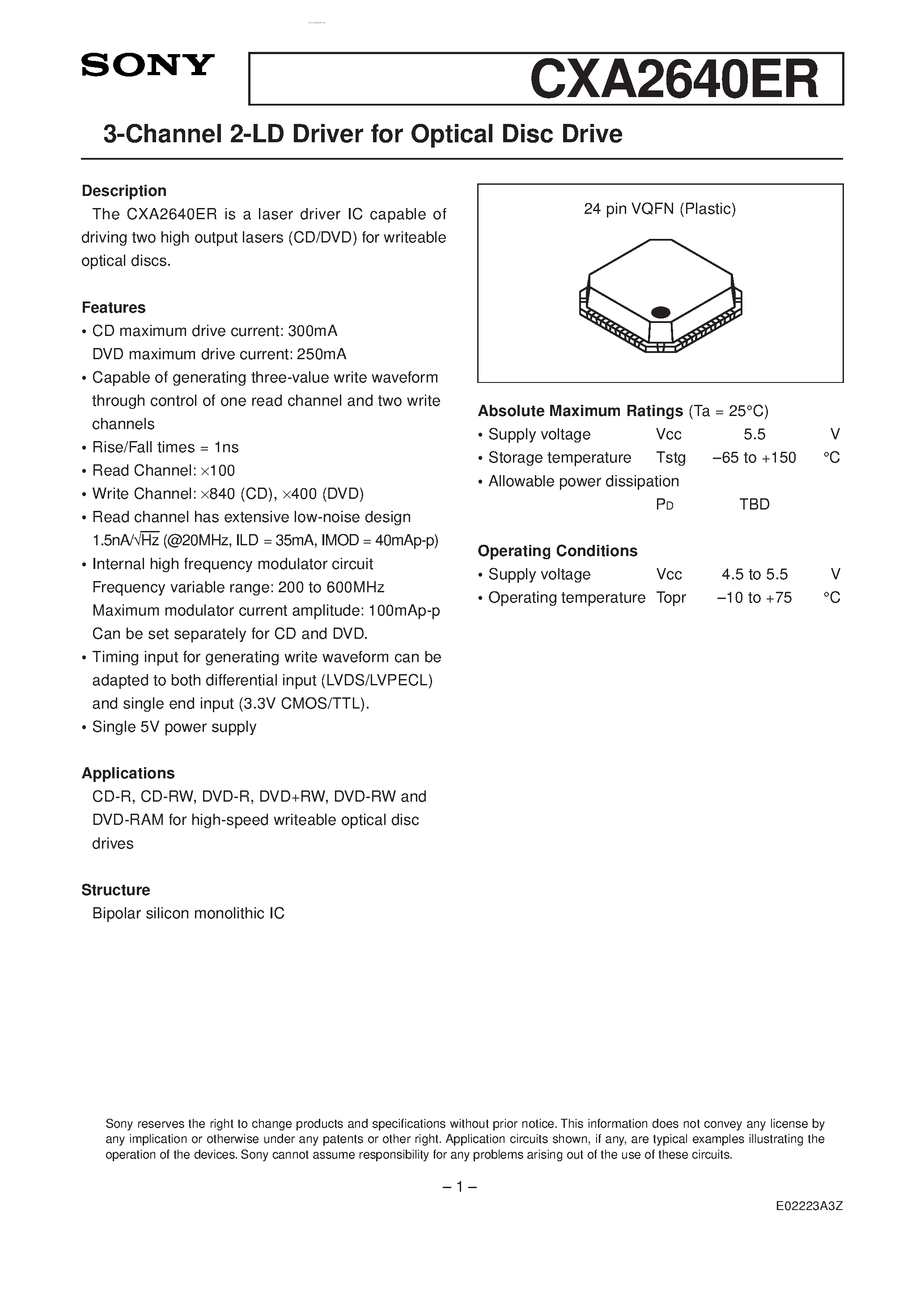 Datasheet CXA2640ER - 3-Channel 2-LD Driver page 1