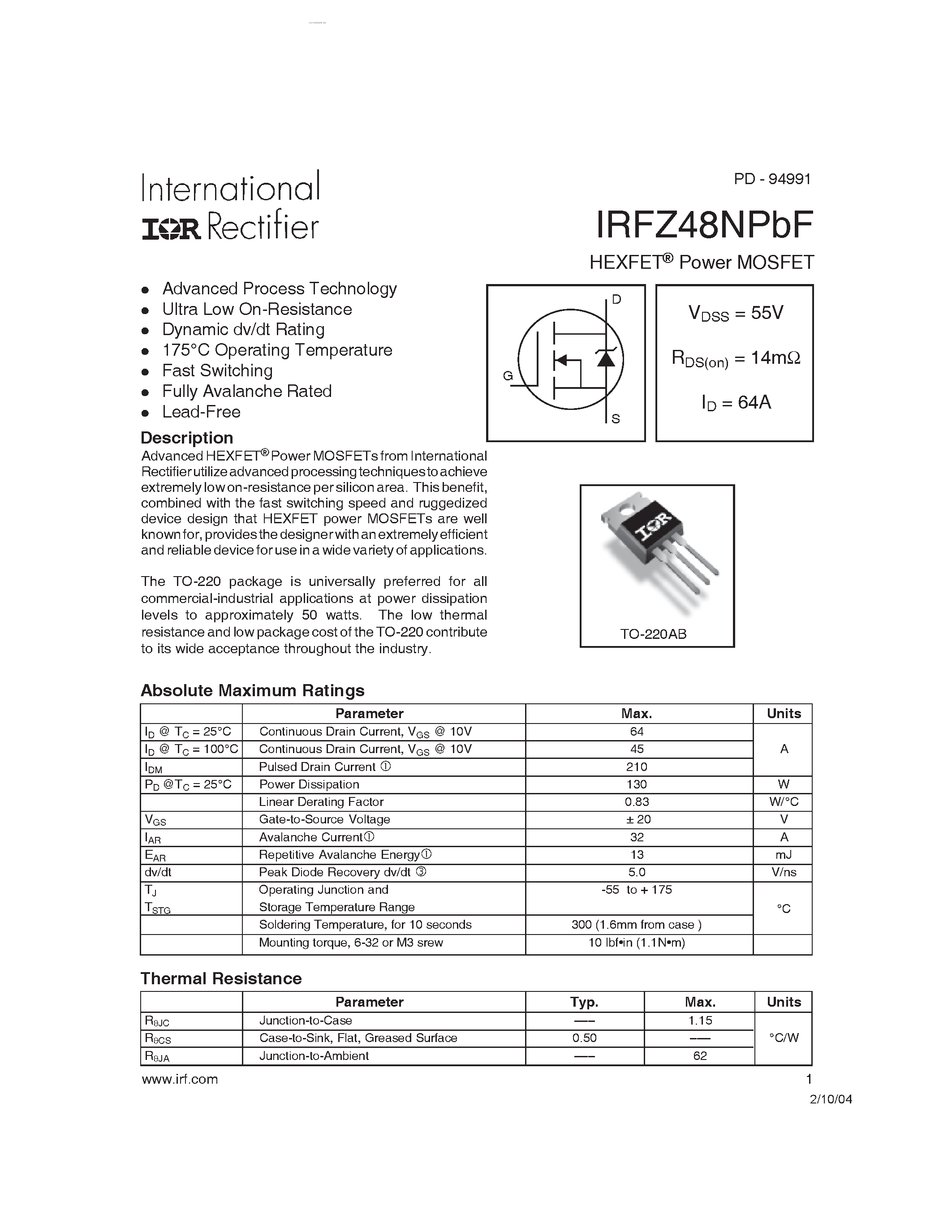 Даташит IRFZ48NPBF - HEXFET Power MOSFET страница 1