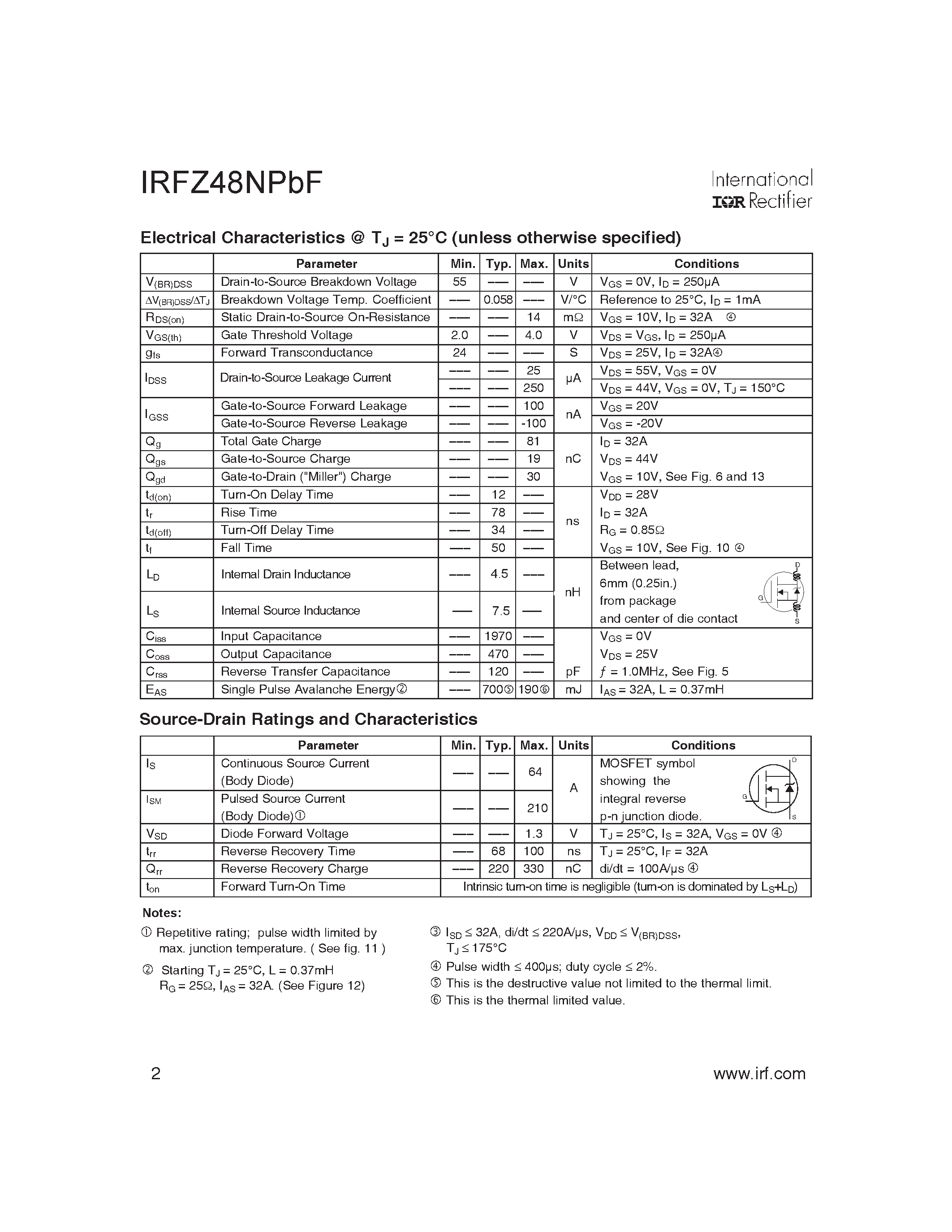 Даташит IRFZ48NPBF - HEXFET Power MOSFET страница 2